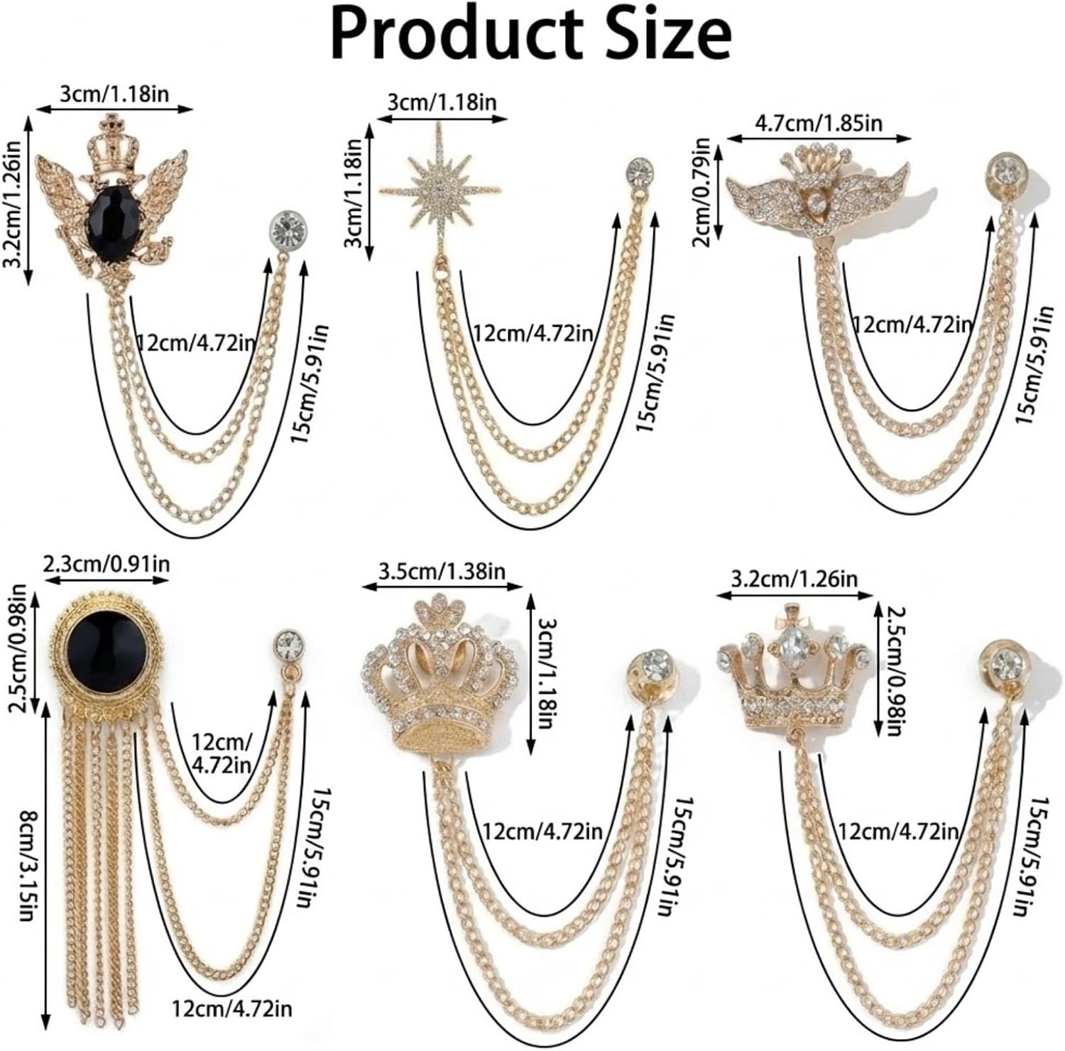6 Pcs Tassel Chain Brooch Collar Pins Rhinestones Crown Eagle Star Wings Mens Suit Accessories for Shirt Tuxedo Tie Hat Scarf Decoration