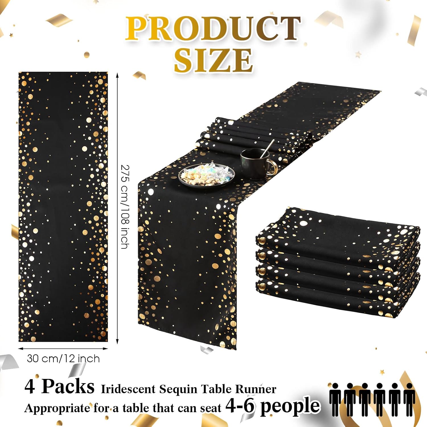 Moukeren 4 Pack Black and Gold Table Runner Decorations 12 x 108 Inch Sequin Rectangular Table Runners for Birthday Wedding Graduation New Years Party Decor(Black and Gold)
