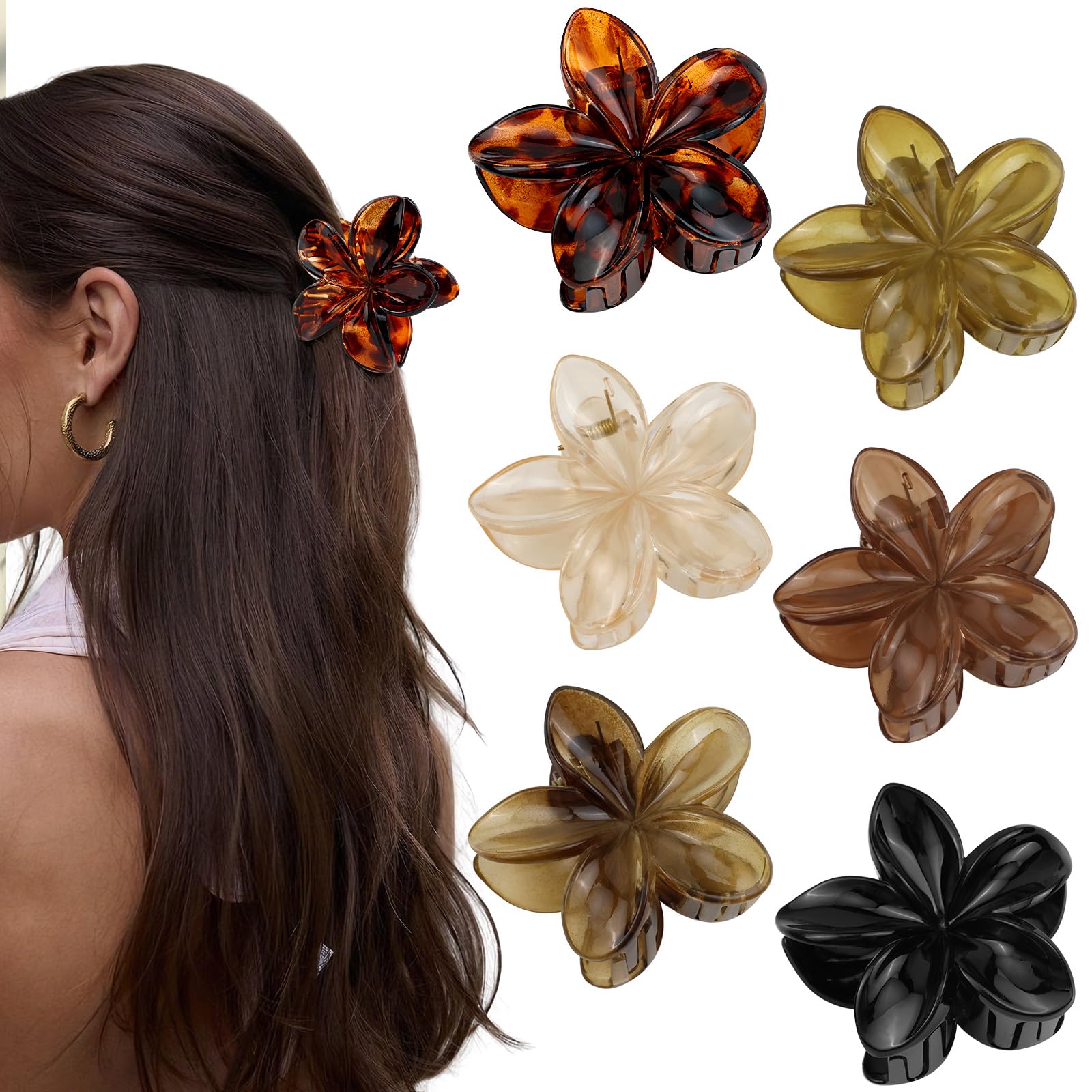 6 fermagli per capelli a forma di fiore, grandi, da donna, carini, medi, neri, per capelli spessi e sottili, stile hawaiano, per acconciature, tenuta forte, accessori per capelli per donne e
