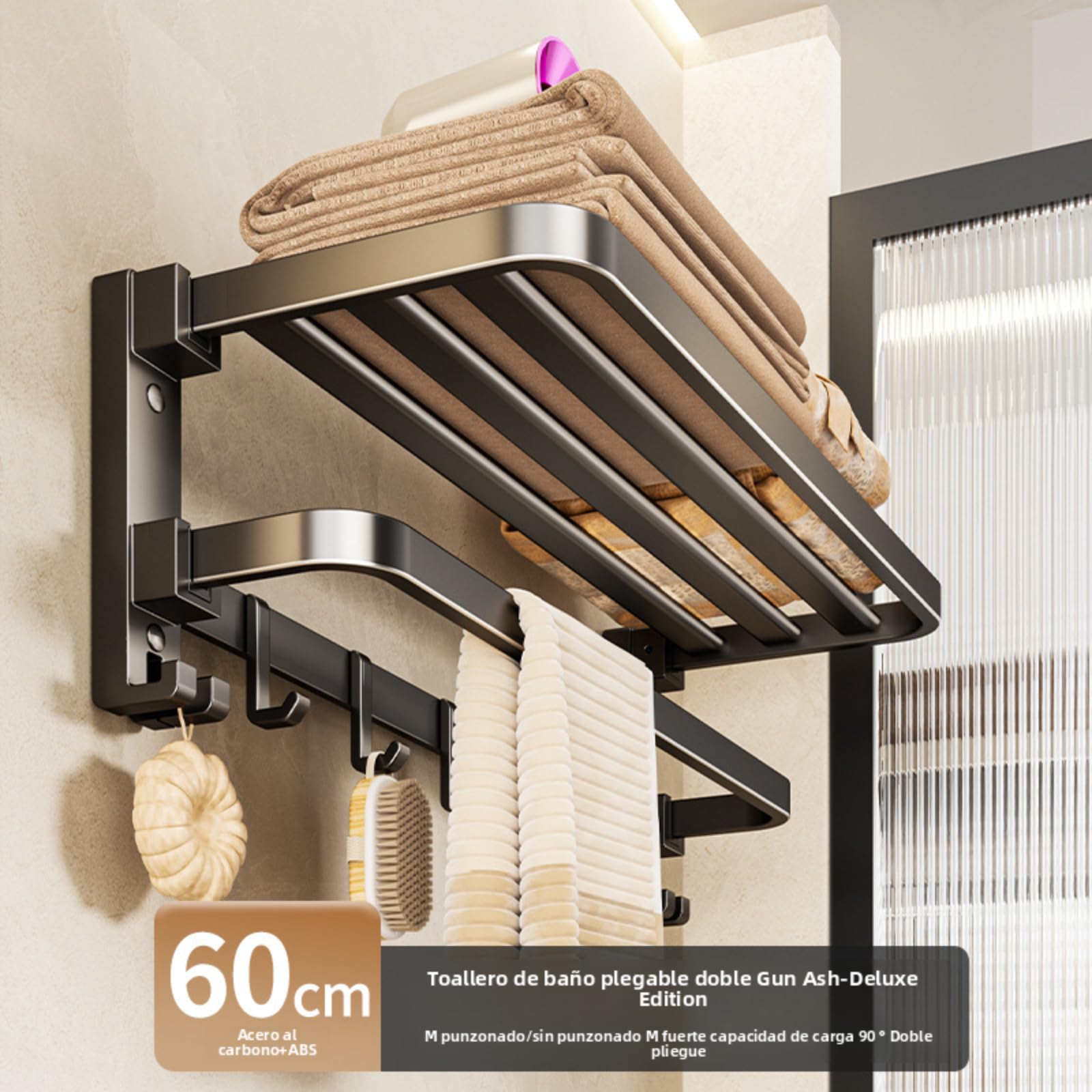 Toallero sin taladrar, toallero de baño Adhesivo, toallero de Pared con múltiples Ganchos, toallero de baño Cocina, 60 cm Gris