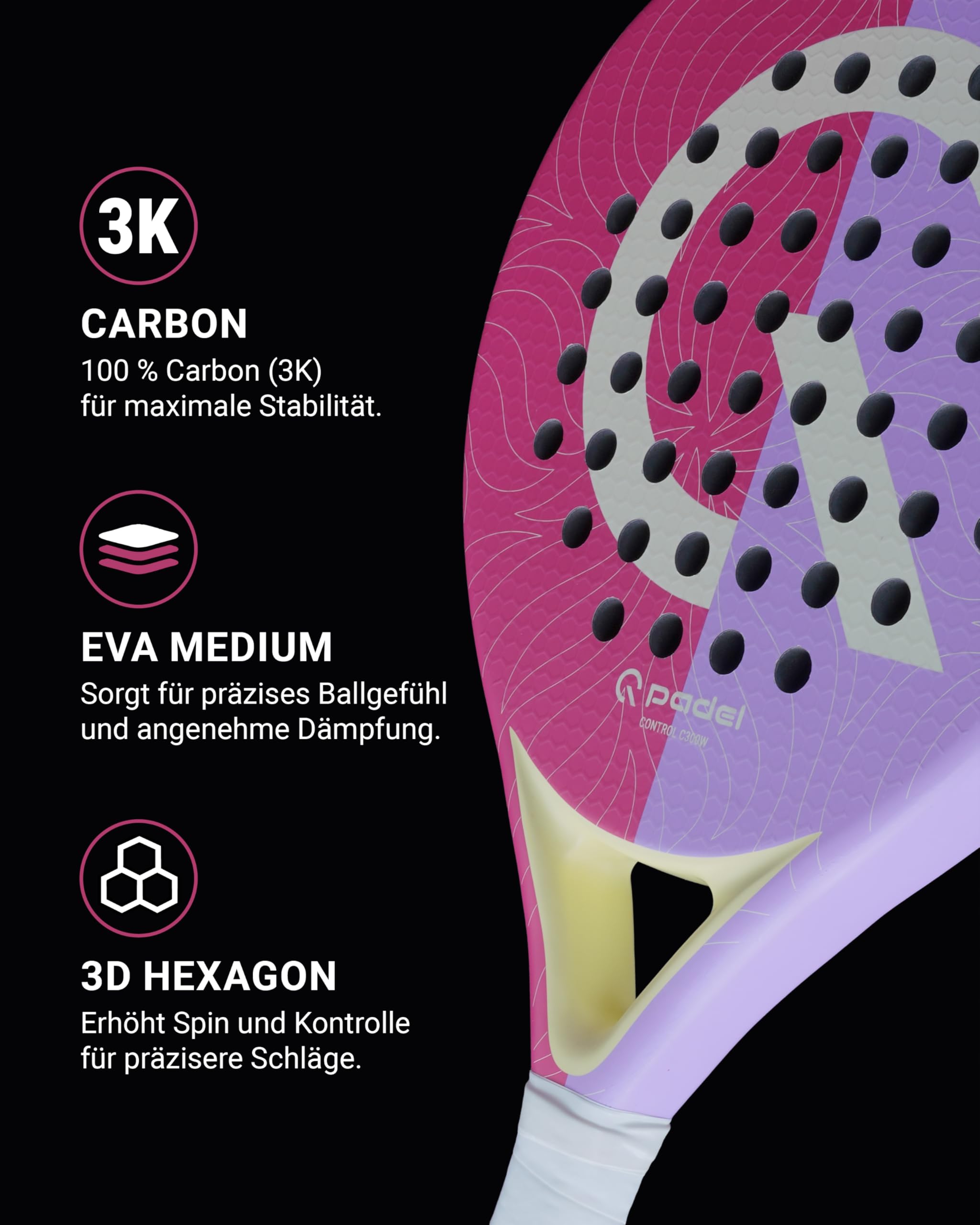 Q Padel C300W Padel Schläger aus 3K Carbon, 360g – Hohe Kontrolle durch Control Sweetspot, präzises Racket für ambitionierte Spieler