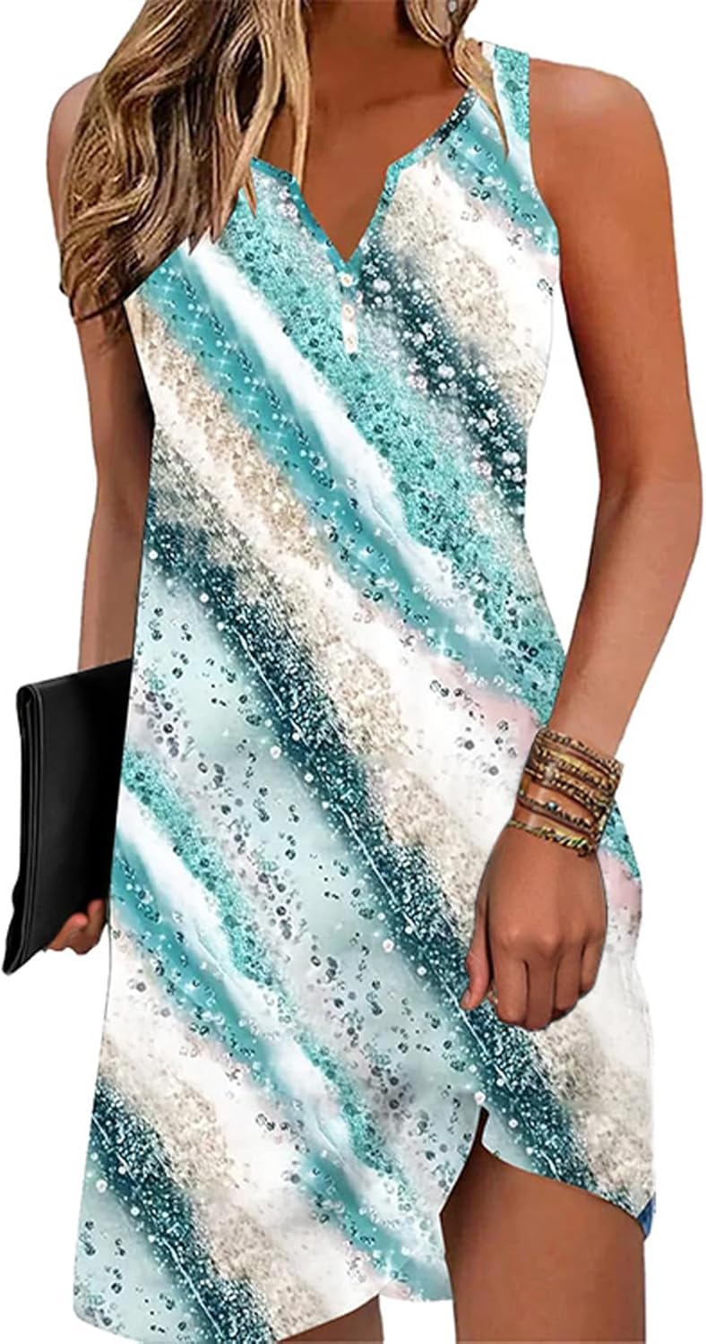 Disamer Womens Summer Dress 2025 Casual Button Down V Neck Sleeveless Boho Floral Beach Sundresses Vacation A-Line Dresses,Striped Foam,Medium