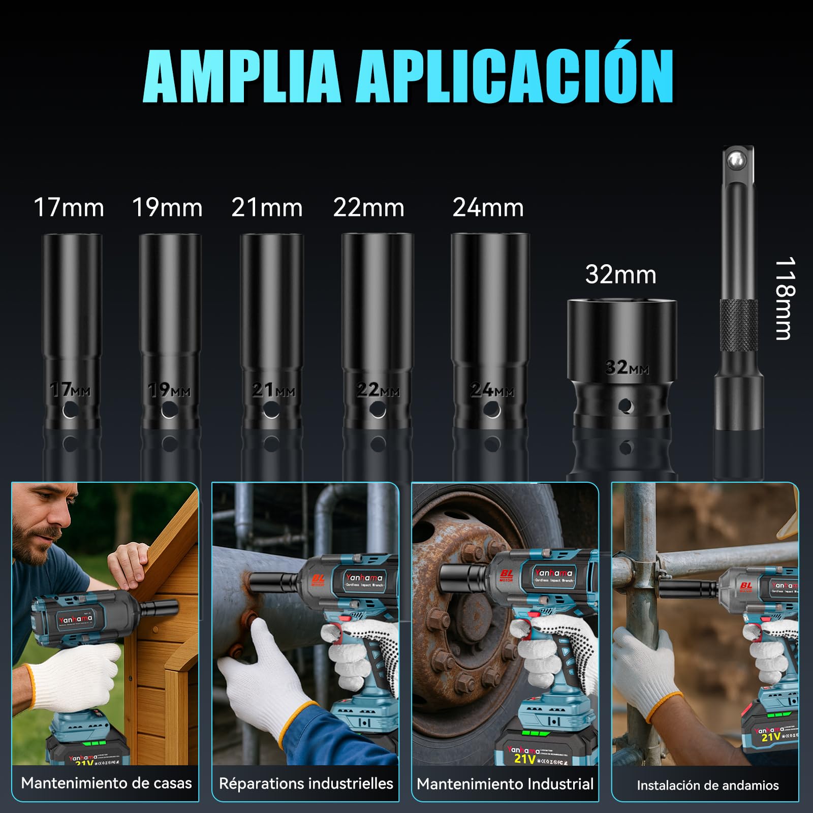 Llave De Impacto 1400 NM Led Llave De Impacto Profesional Set + Bolsa De Herramientas + Guantes - Regalo De Idea Para Bricolaje/Neumáticos De Camiones/Dispositivos Industriales