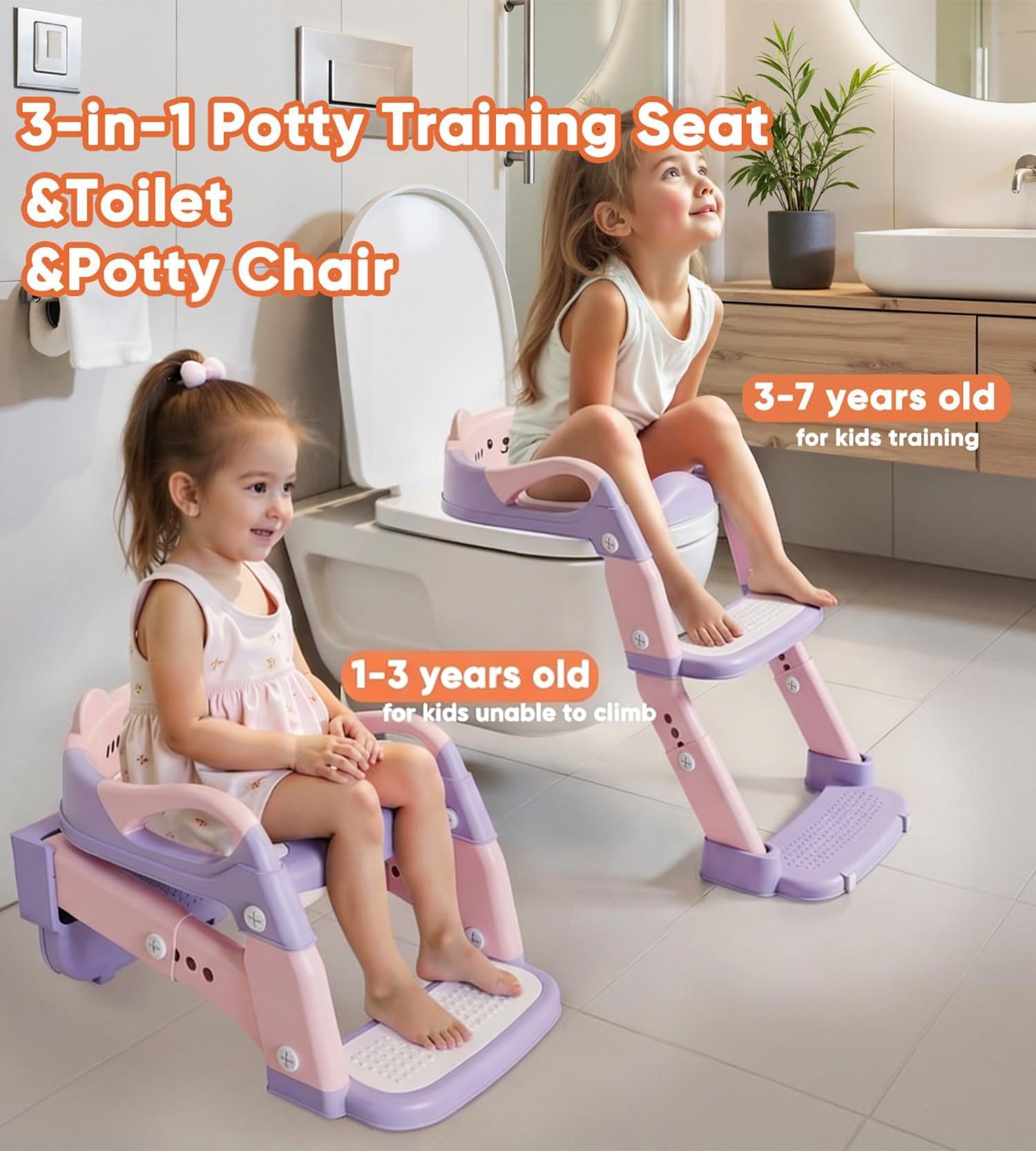 Riduttore WC Bambini, Scaletta WC Pieghevole 3 in 1 per Bambini, Antiscivolo e Impermeabile, con Paraspruzzi, Sedile WC per Bambini per L'addestramento Indipendente dei Bambini al Vasino (Viola)