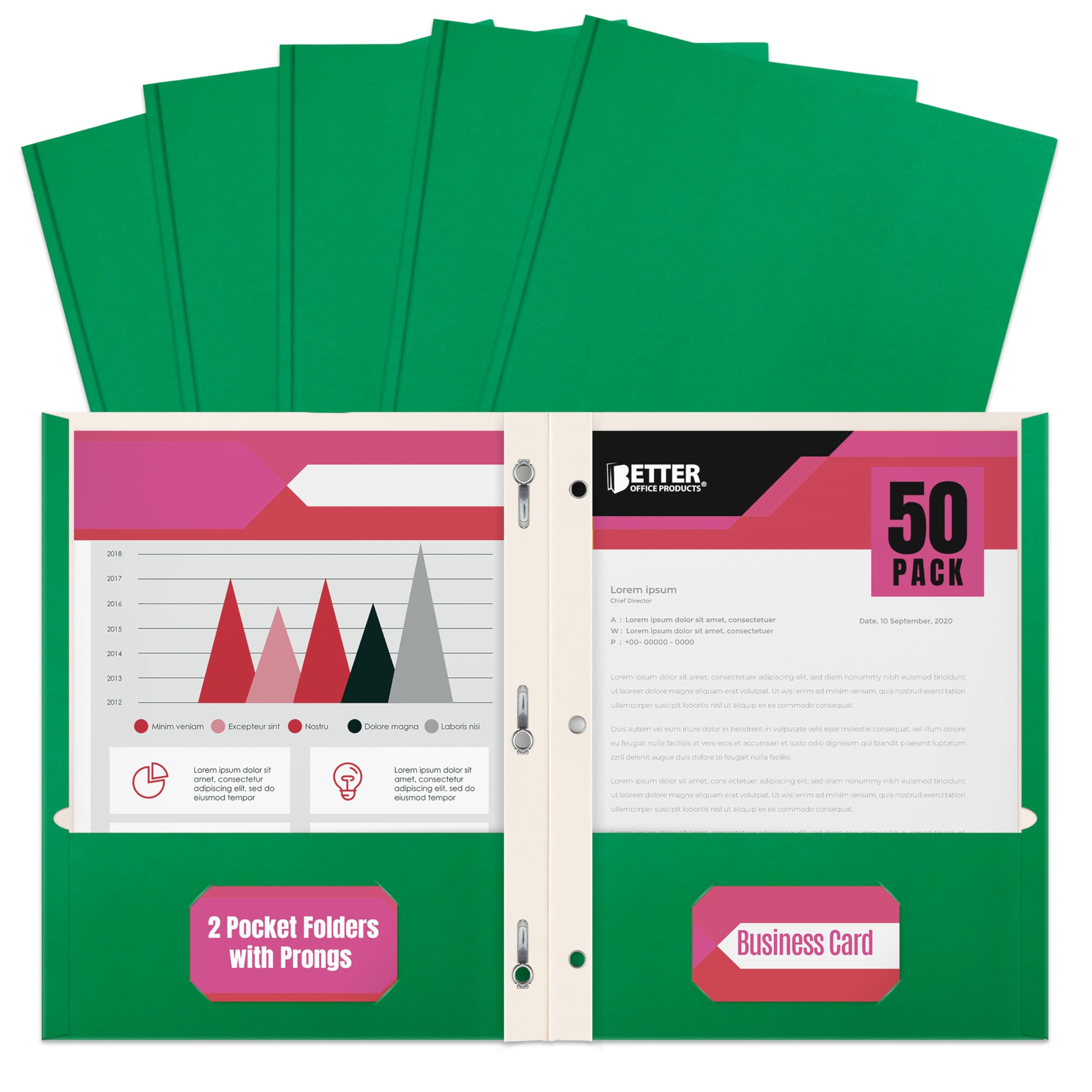 Better Office Products - Cartelline portadocumenti a 2 tasche con rebbi, confezione da 50 pezzi, con 3 clip in metallo, colore verde