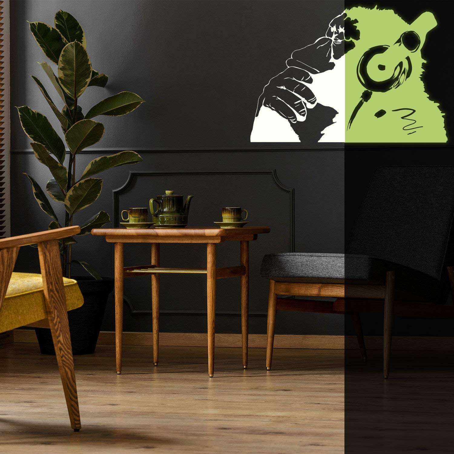 Banksy Glowing Vinyl WandTattoo AFFE mit Kopfhörer - Glow in Dark Chimp Musik hören Kopfhörer - Lumineszierende Art Graffiti Sticker