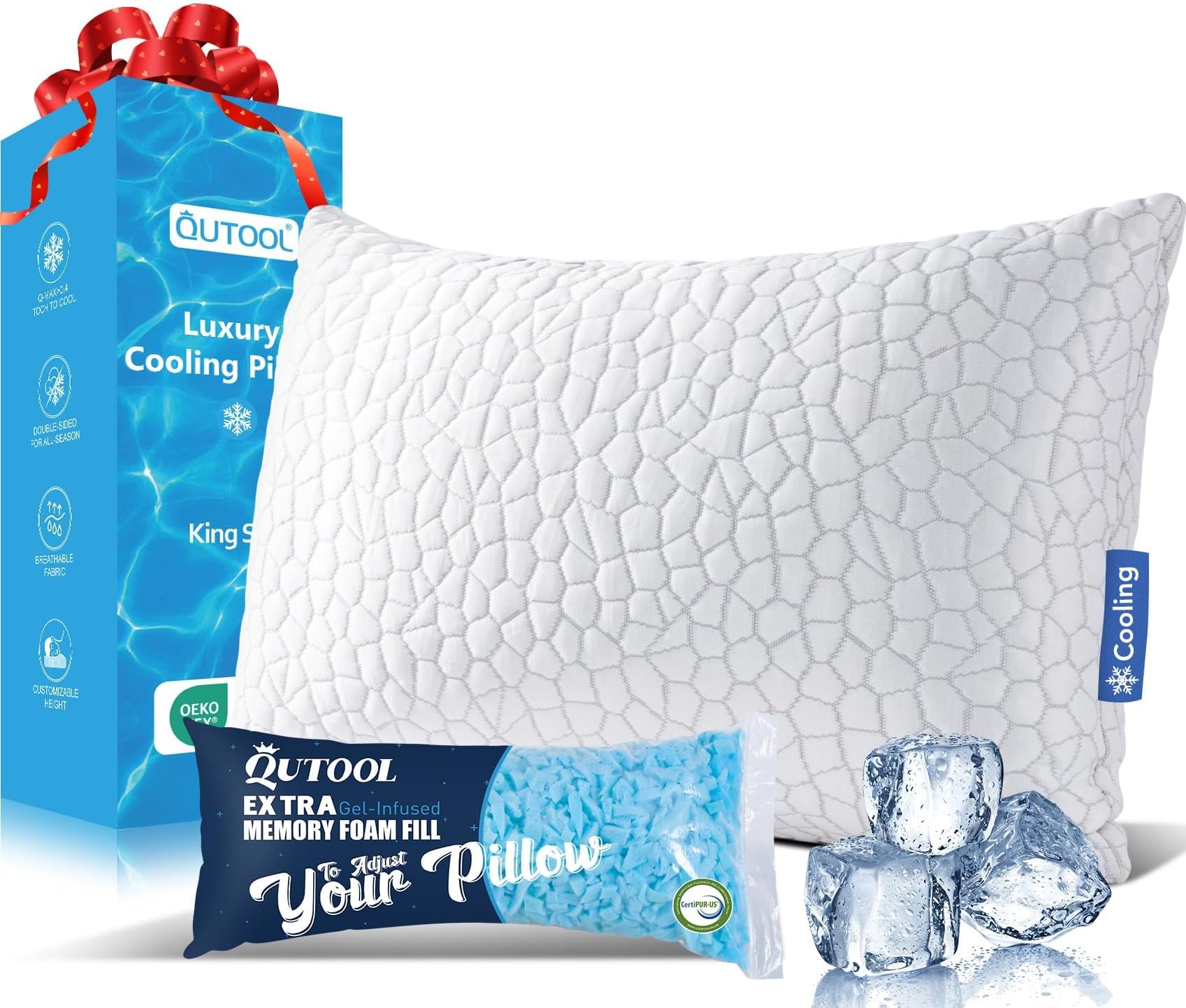 Shredded Memory Foam Pillows for Sleeping, King Size Pillow, Cooling Gel Pillows for Hot Sleepers Luxury Bed Pillow for Side and Back Sleeper, Soft yet Support Adjustable Pillow with Extra Fill