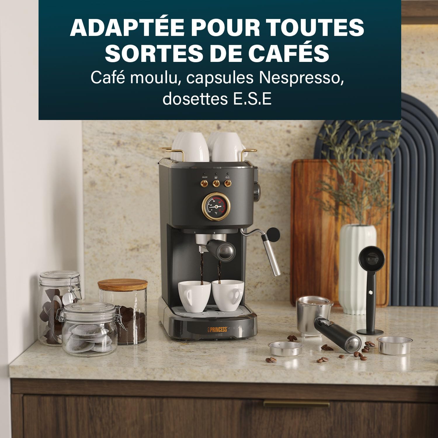 Princess Machine à Expresso, 1100W, 20 Bars, Chauffe-Tasses, Buse Vapeur, Réservoir 1,2L, Compatible Café Moulu et Capsules, Facile à Nettoyer, Arrêt Automatique, 01.249417.01.001