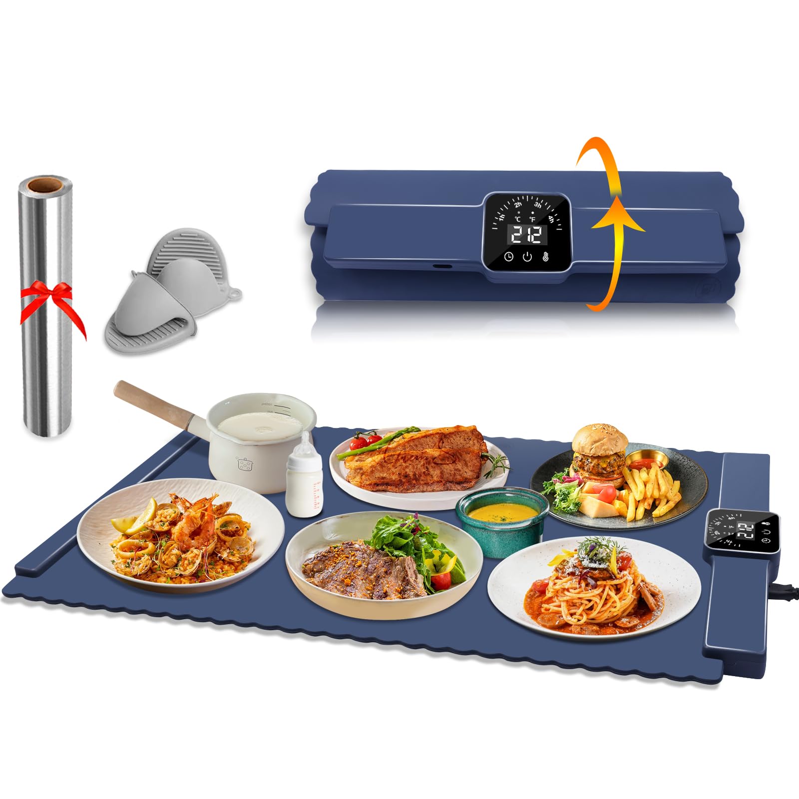 TMKEFFCWarming Tray, 26"x15.3" Portable Foldable Electric Warming Tray, Full Surface Heating Mat with 5 Level Adjustable Temperature, Food Warmer for Parties, Everyday Use