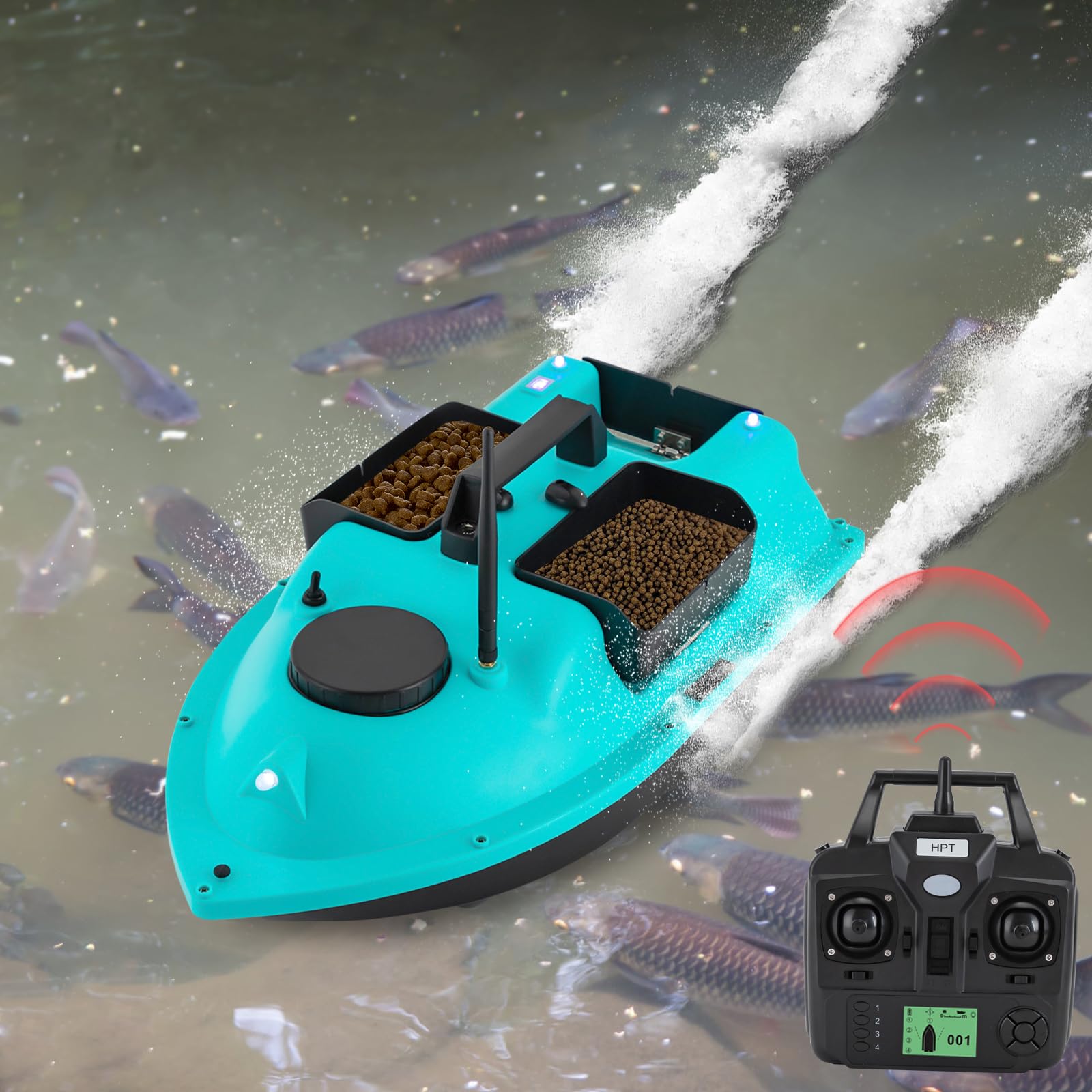 Barca per esche da pesca, 500 m, con 3 scatole per esche, 10000 giri/min, doppio motore 390, blu | Barca per esche con 2 batterie agli ioni di litio da 5200 mAh, schermo LCD, luci notturne, per fiumi, laghi e mari