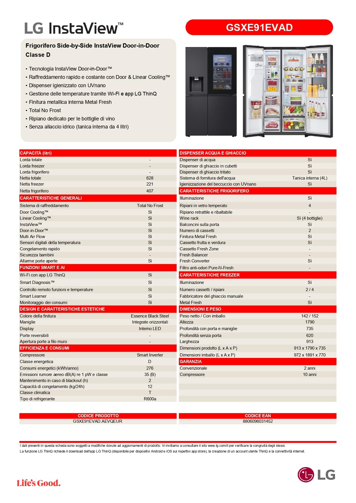 LG GSXE91EVAD Frigorifero Americano InstaView, Classe D, 628 L, Wi-Fi, Dispenser Acqua UVnano Senza Allaccio, Tecnologia Door e Linear Cooling, Acciaio Nero