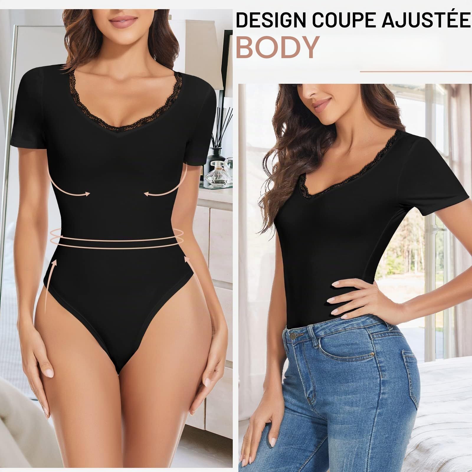 WOWENY Body pour femme, haut élégant à manches courtes et col en V en dentelle, sexy et décontracté