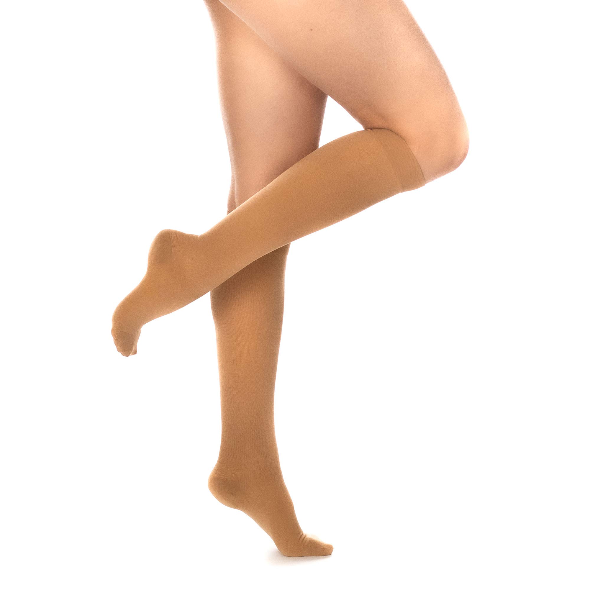 RIEMTEX medizinische Kompressionsstrümpfe Klasse 2 CCL2 23-32 mmHg Wadenstrümpfe für Damen Geschlossene Spitze PREMIUM Serie 3211a (Größe 2, Caramell)