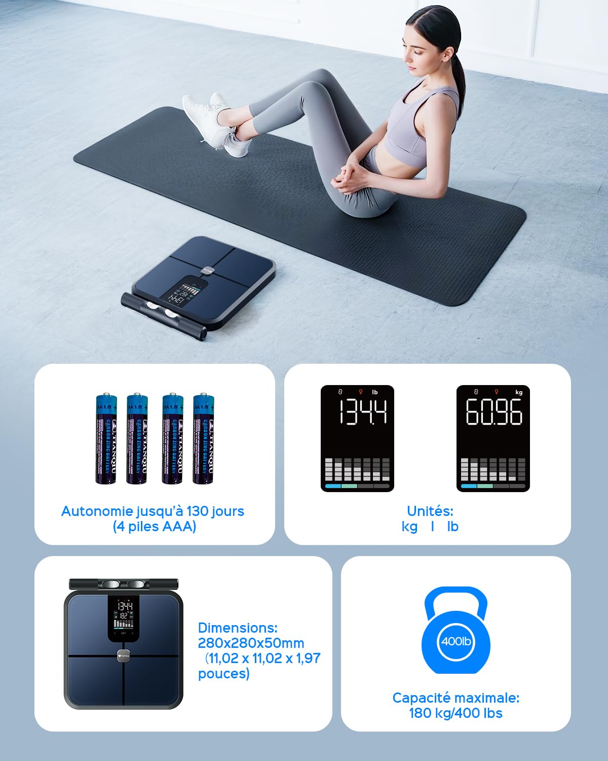 Balance Impédancemètre Professionnelle à 8 Électrodes | Analyse Segmentale Précise, 20+ Mesures de Composition Corporelle, Connexion Bluetooth et App Suivi Santé