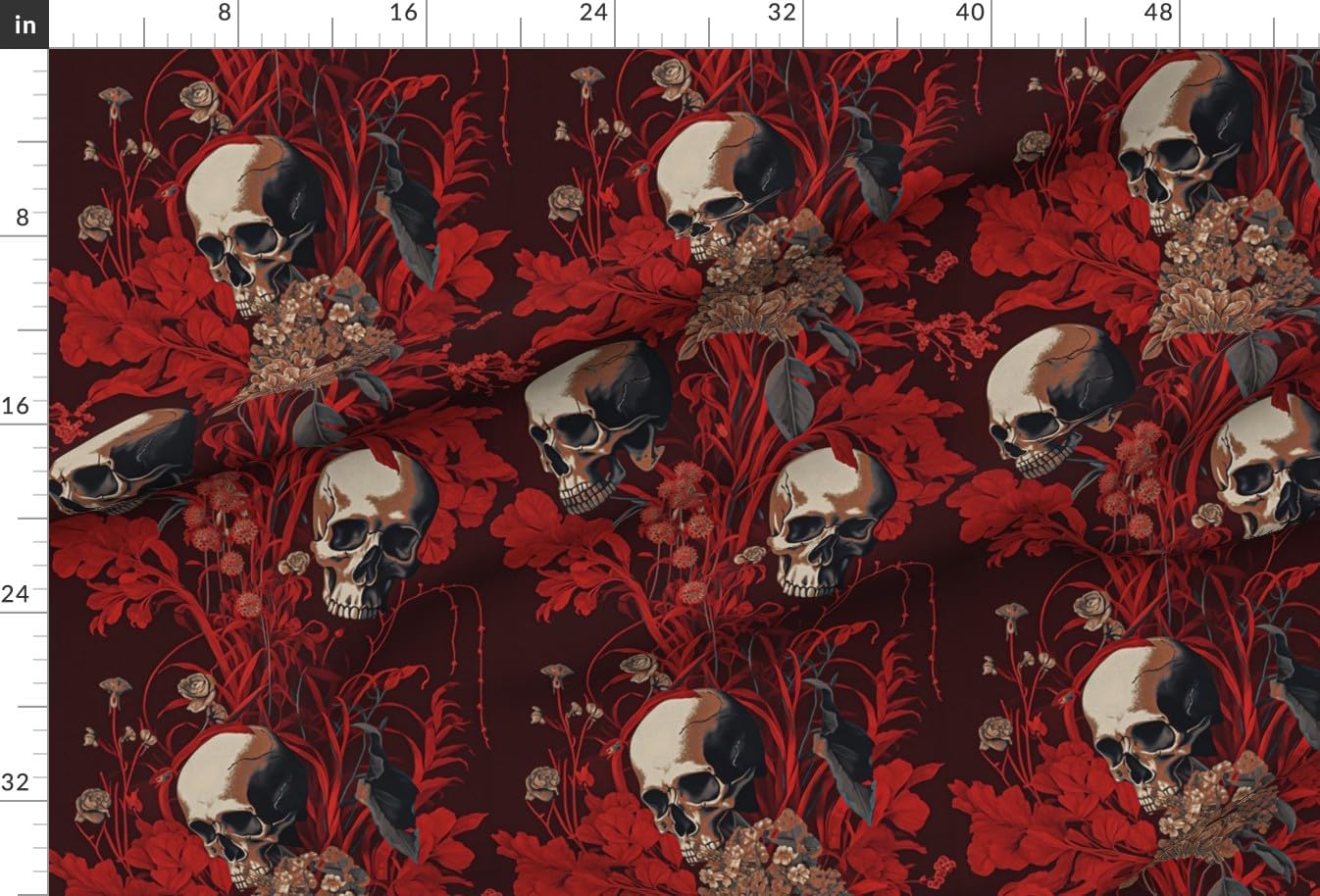 Spoonflower Fabric - Spooky Floral Maroon Red Large Scale Skulls Vines Printed on Minky Fabric by The Yard - Sewing Baby Blankets Quilt Backing Plush