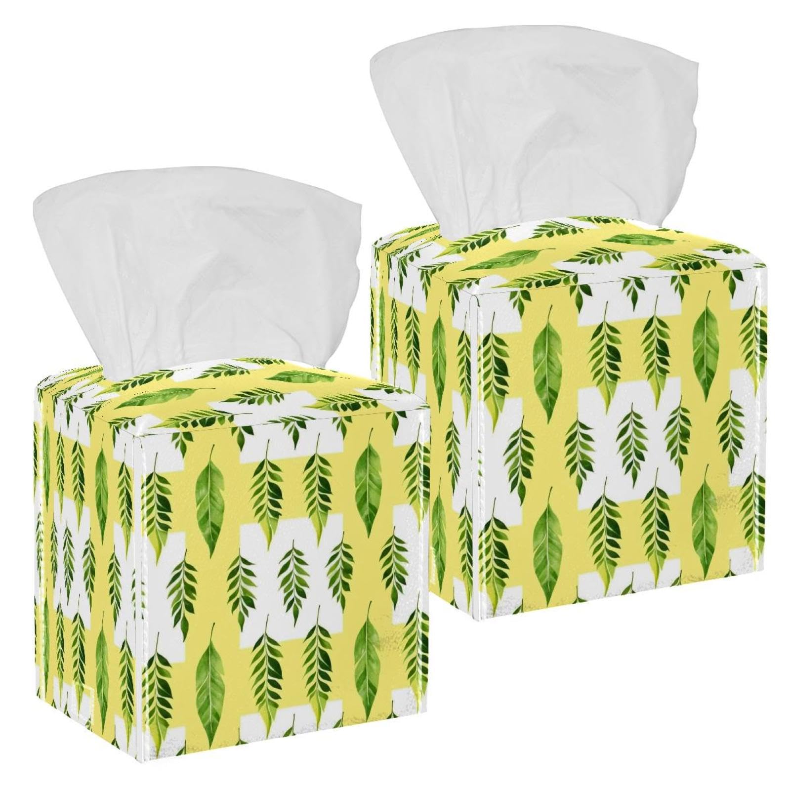Leaf Tissue Box Cover, 2 Pack PU Leather Square Facial Tissue Dispenser Box holder for Home Office Car