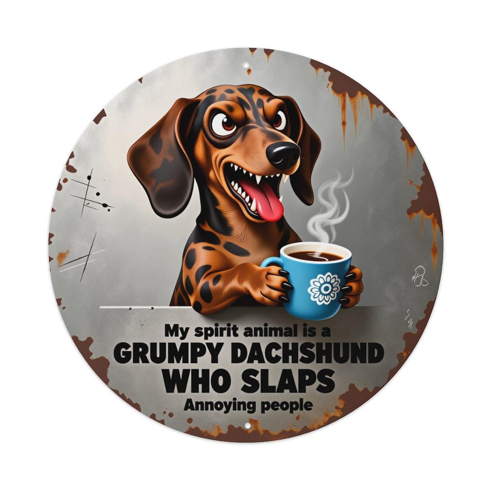 Grumpy Dachshund Holding Coffee Cup Metal Tin Sign Vintage Garden Bedroom Cafe Bar Man Cave Home Wall Decor Metal Poster 8x8 inches
