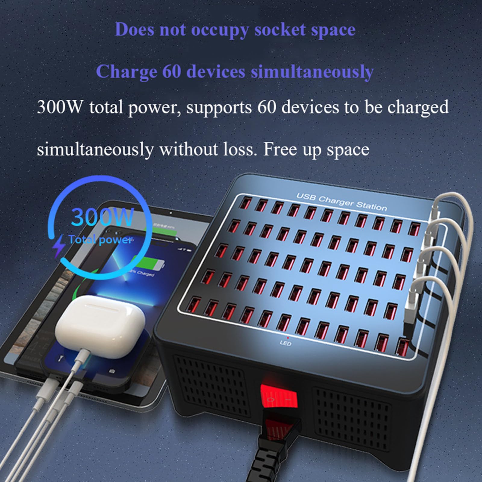 Caricatore USB, stazione di ricarica USB da 60 porte da 300 W, identificazione di ricarica intelligente, protezioni multiple per smartphone e tablet