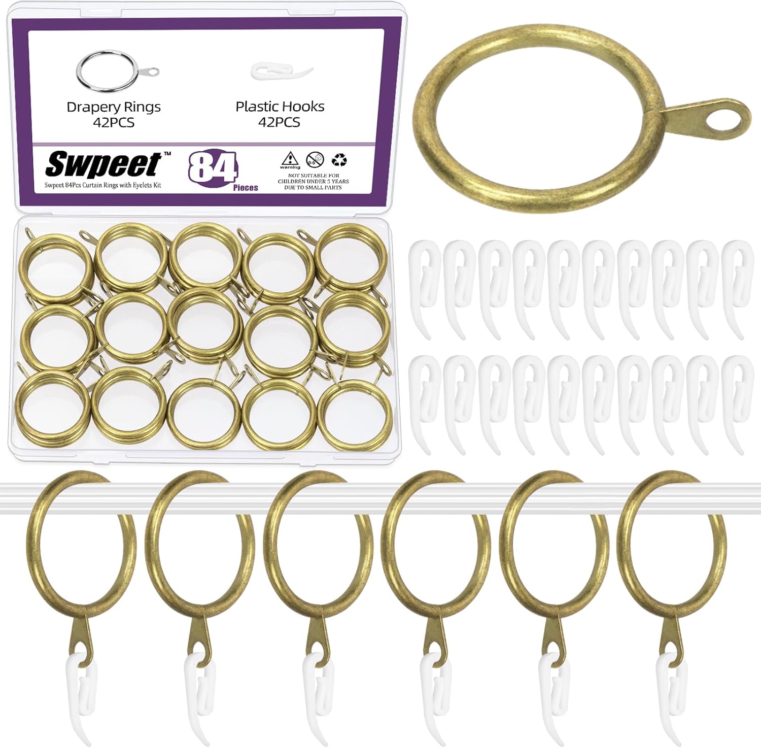 Swpeet 84Pcs 30mm Bronze Metal Drapery Curtain Ring with Plastic Curtain Hook Assortment Kit, Drape Sliding Eyelet Ring, Clip Rings for Rod Hotel Bar Bedroom