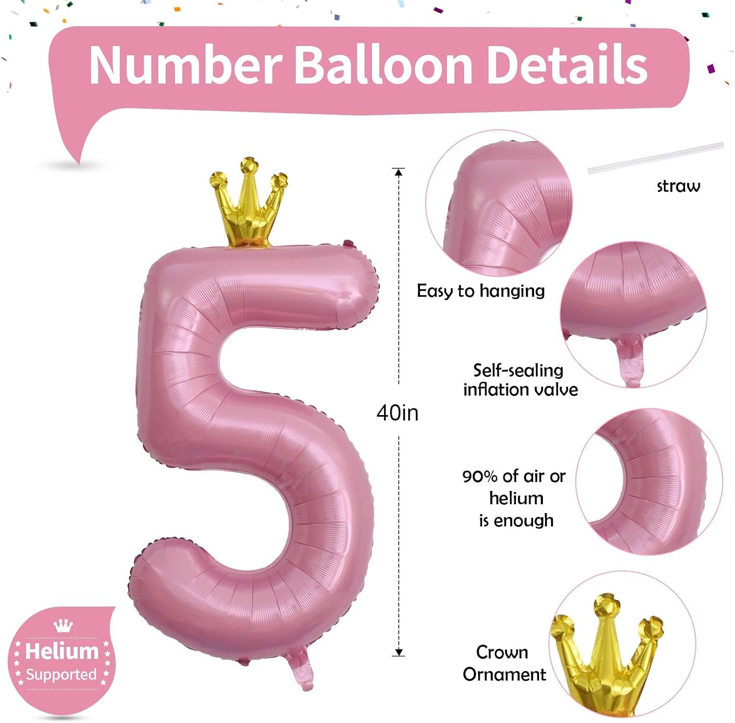 40 Inch Pastel Pink 5 Number Balloons, Giant Foil 5th Birthday Number Balloon, Crown Self Inflating Light Pink Balloons 0-9 Set for Girls Women Birthday Party Decor Anniversary Decorations Supplies image 2