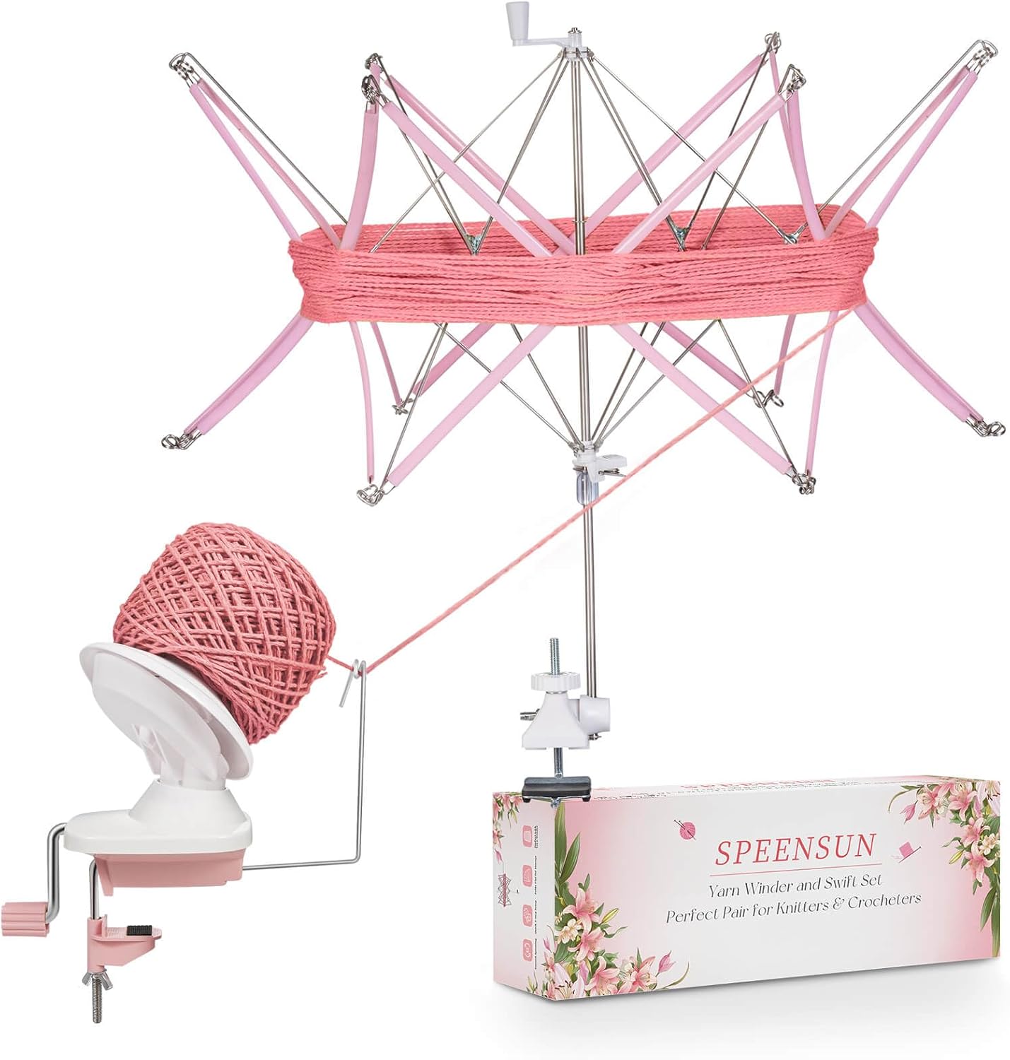 SPEENSUN Yarn Winder and Swift Combo, Efficient 3.5 OZ Yarn Cake Maker, Adjustable Angle/Height Yarn Swift Turn Loose Yarn into Tidy Skeins, Easy-to-Install Yarn Spinner for Yarns Below Size 5