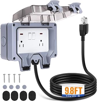 Outdoor Power Outlet,Outdoor Extension Cord Waterproof Double Wall Outlet Extender with On-Off Switch and Indicator Light,Exterior Electric External Power Outlet,Outside Outlet 9.8FT