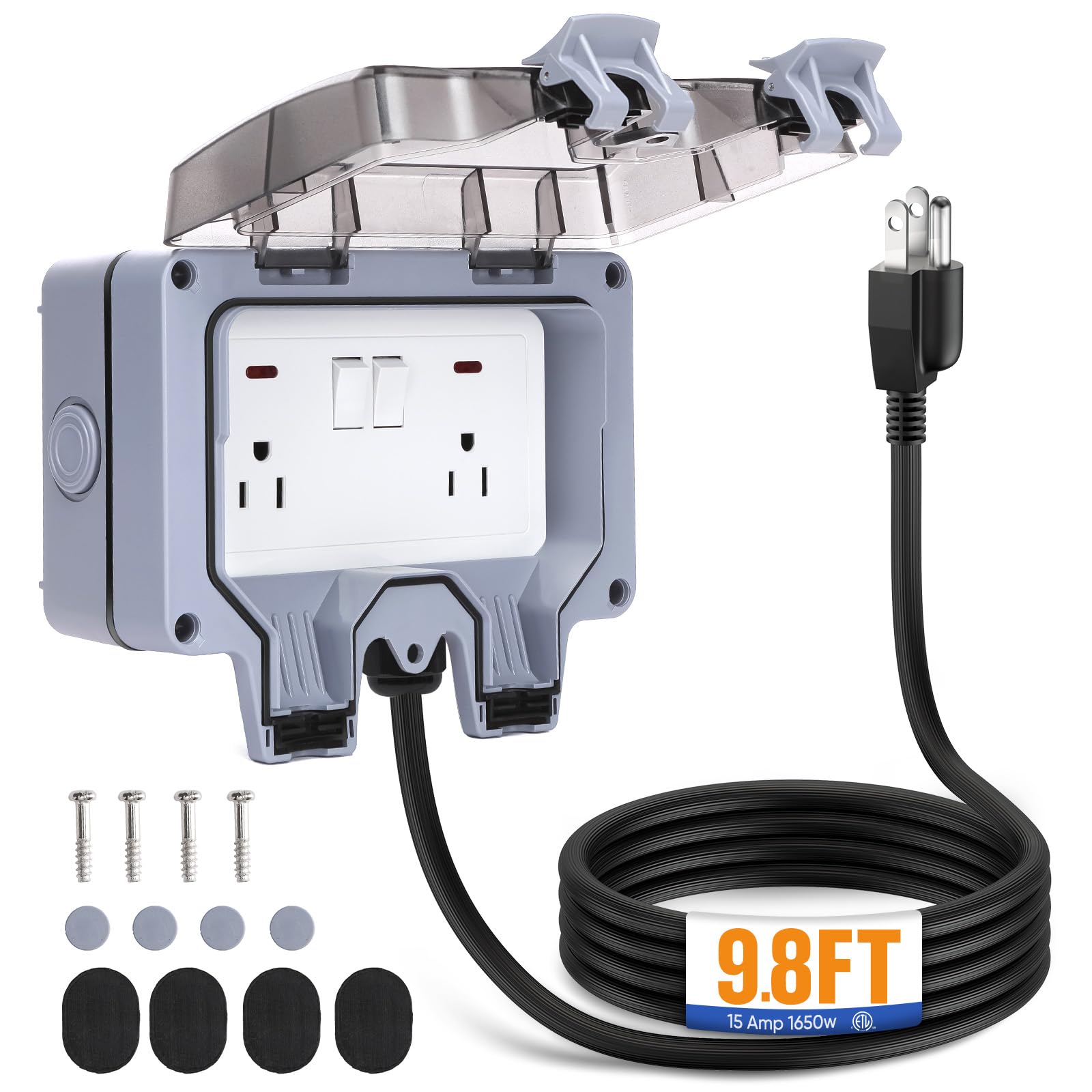 XINYIELE Outdoor Power Outlet,Outdoor Extension Cord Waterproof Double Wall Outlet Extender with On-Off Switch and Indicator Light，Exterior Electric