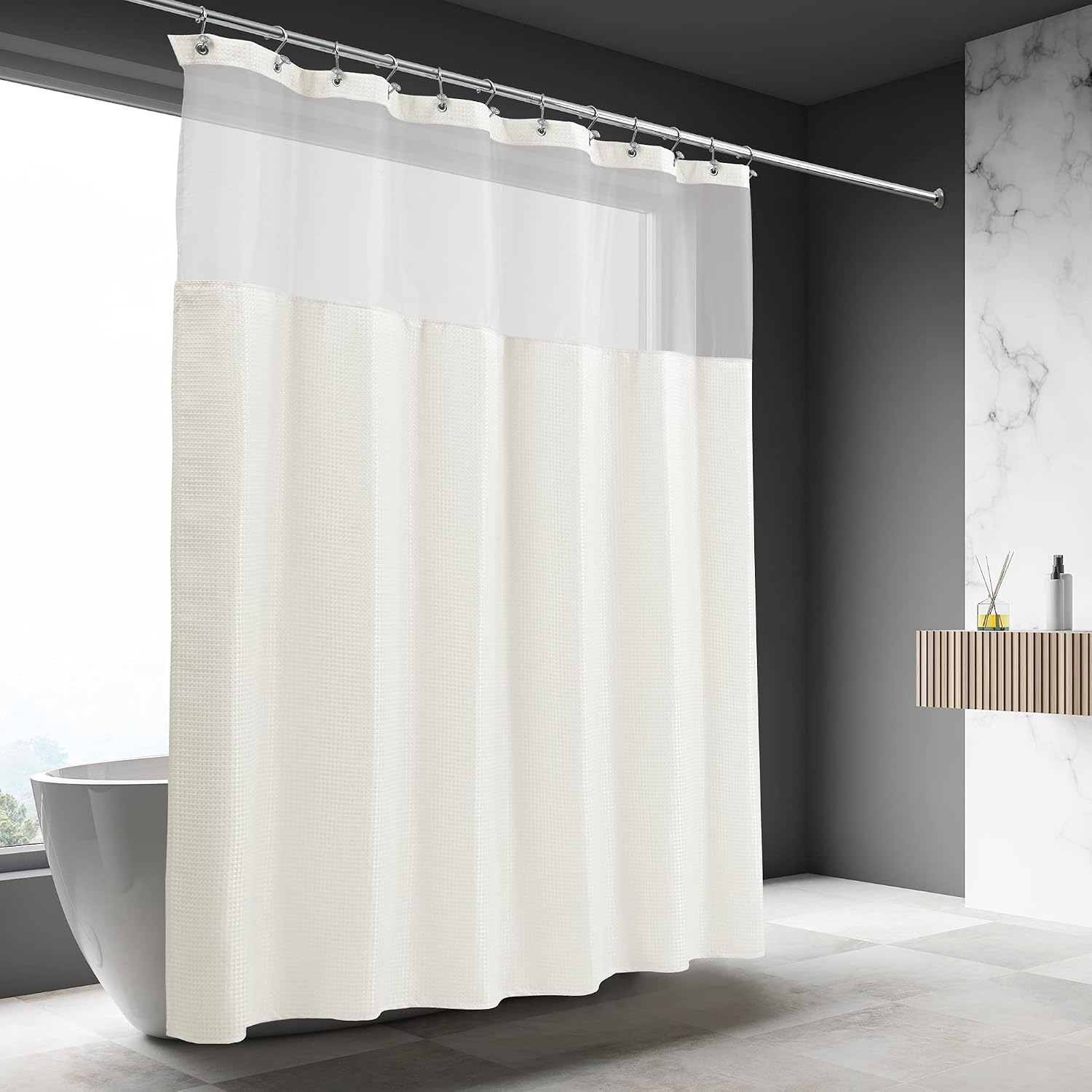 ALYVIA SPRING Waffle Weave Shower Curtain with Snap-in Fabric Liner Set: Hotel Style Cream Shower Curtain & See Through Sheer Window, SPA, Double Layers for Easy Clean & Washable, 71x72, Beige