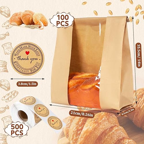Miniatura 2 de Paquete de 100 bolsas de pan grandes de papel kraft con ventana, bolsas de pan para pan casero de masa madre y 500 calcomanías de sellado,