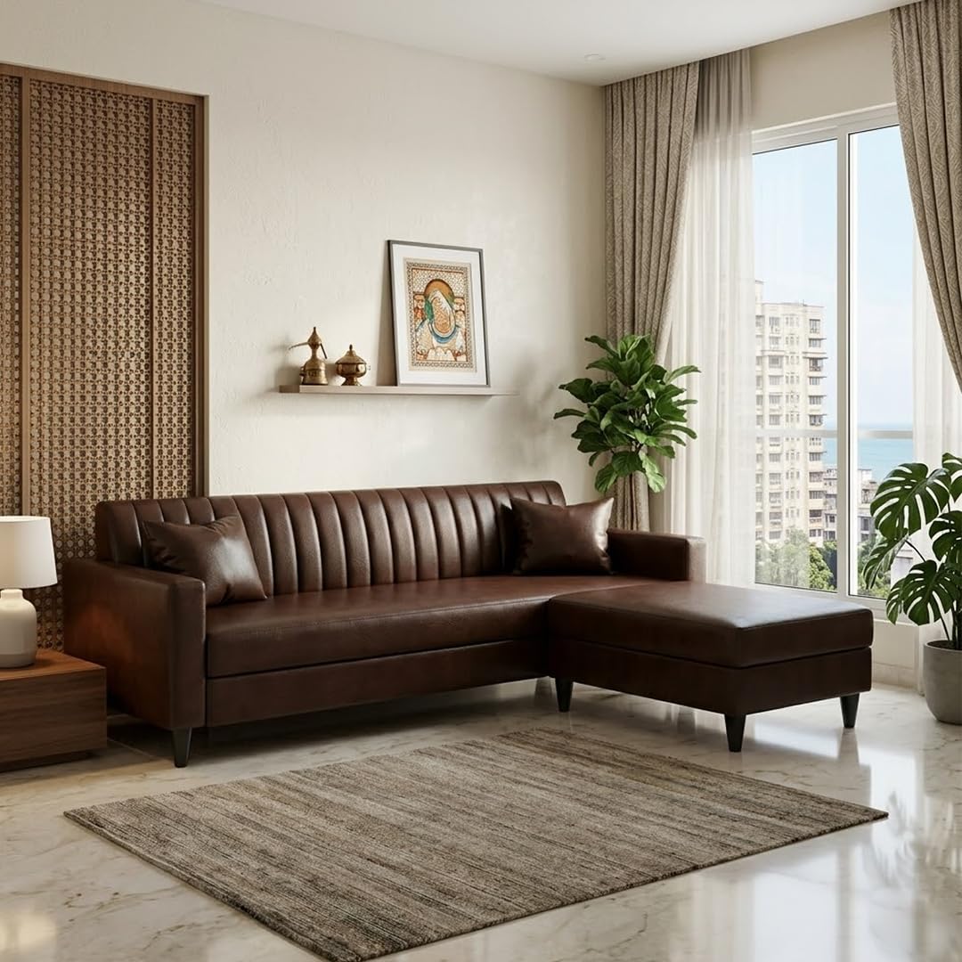 FURNY Avvono 5 Seater L Shape Sofa Set with Movable Ottoman | Flexible Left or Right Layout | Premium Leatherette Upholstery (Brown) | Perfect for Living Room, Guest Room & Office