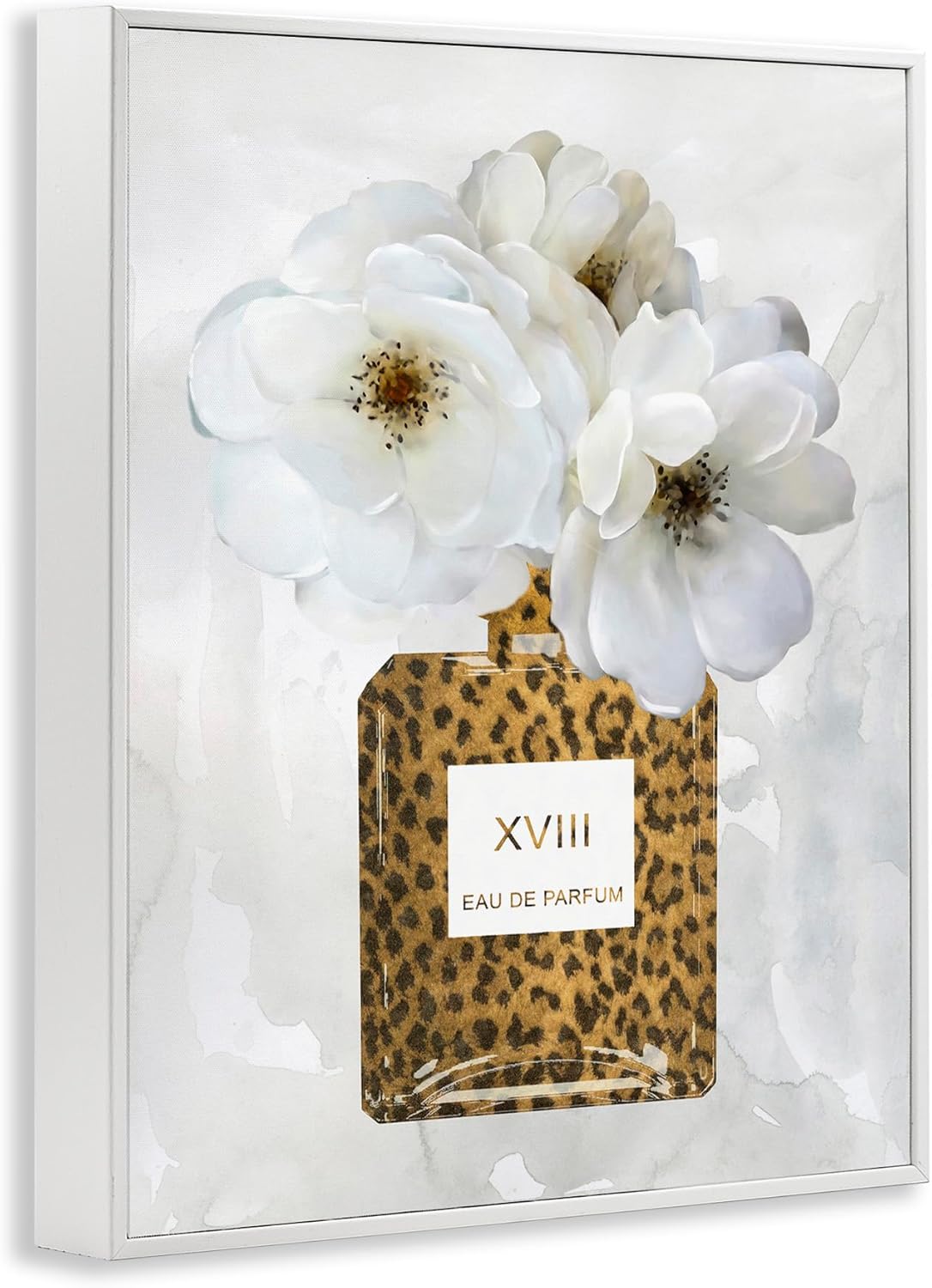 White Framed Leopard Print Perfume Bottle Wall Art, 16 x 20