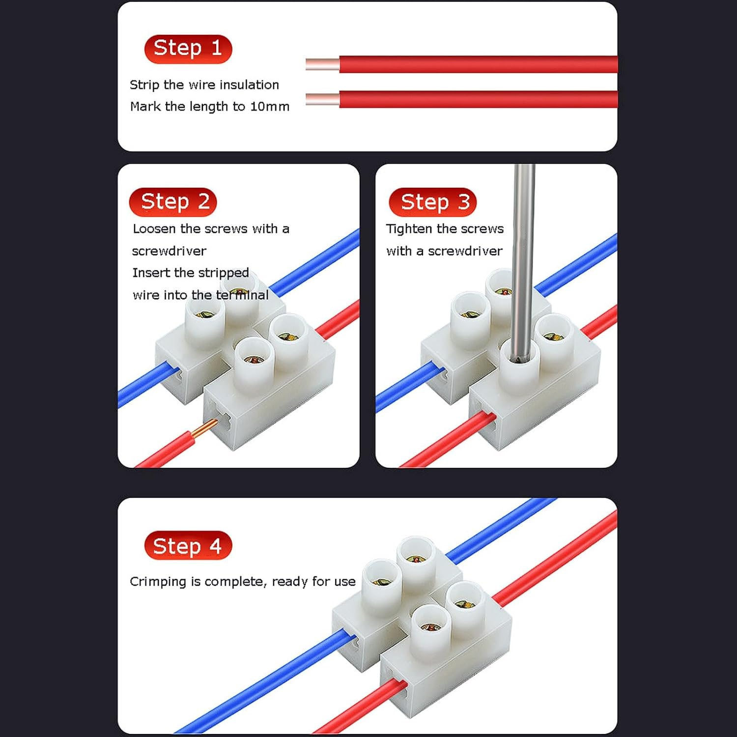 10-Piece 10A 2-Position Screw Terminal Block Set, Quick Wire Connector Blocks for LED Lighting, Zinc-Copper Alloy Contacts