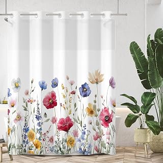 No Hook Shower Curtain with Snap in Liner Set Watercolor Floral Shower Curtains Fabric Hotel Style Modern Flower Bathroom Curtain Washable 71x74 Inch