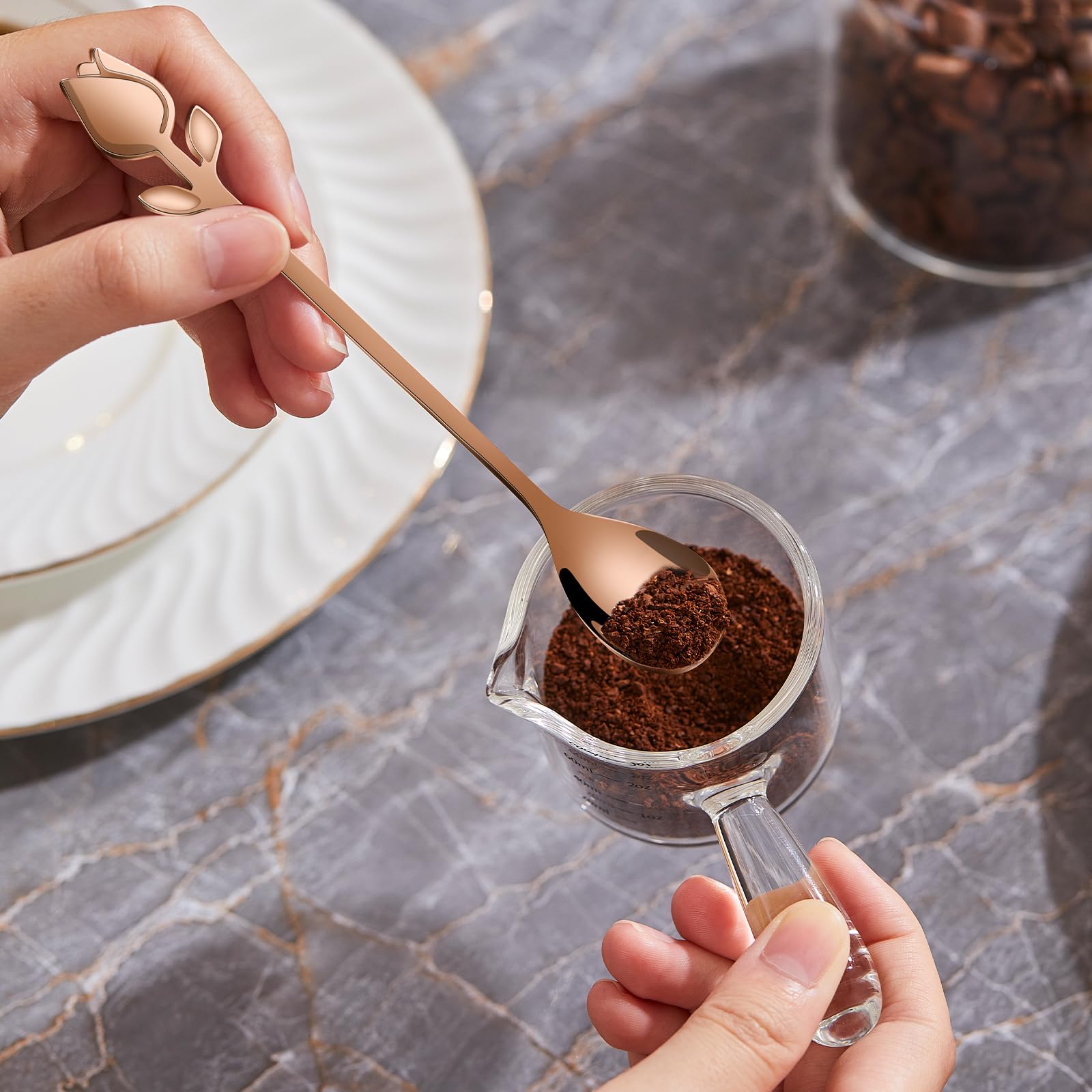 Juego de 12 mini cucharas de café con mango de tulipán de oro rosa, acero inoxidable de 6 pulgadas para espresso, té, postre, ideal para demitasse y porciones pequeñas