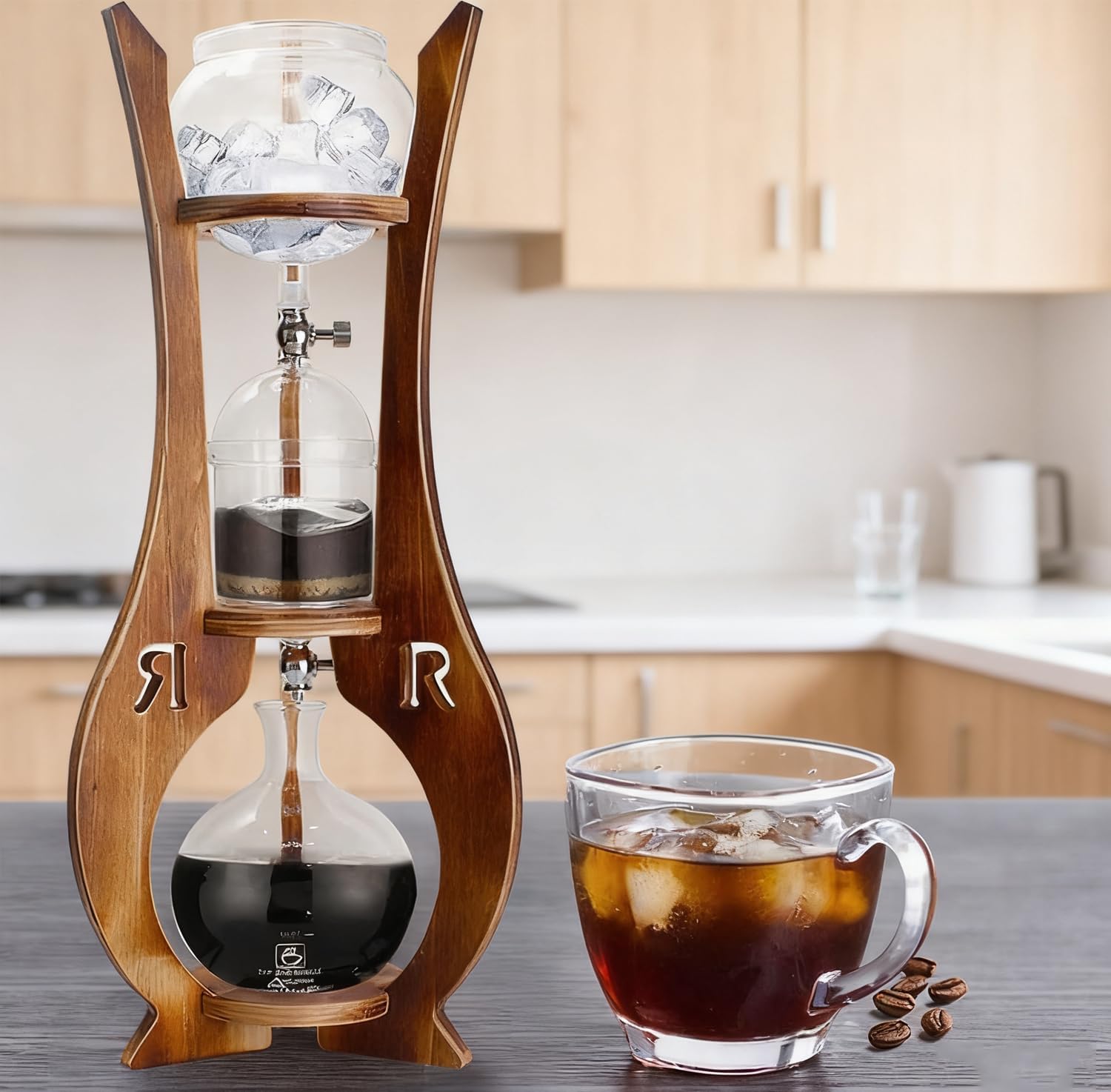 Cold Brew Coffee Maker with Double Valve & Slow Drip Technology, 600mL Large Capacity Drip Tower, Premium Iced Coffee Maker, Wooden Stand for Home, Office, Bar