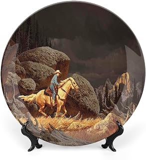 6 Inch Decorative Plate, Western Porcelain Plate, Rock Mountain Scene Landscape Cowboy Riding Horse Print Ceramic Wall Hanging for Fine Dining Upscale Events, Dinner Parties, Weddings, Catering