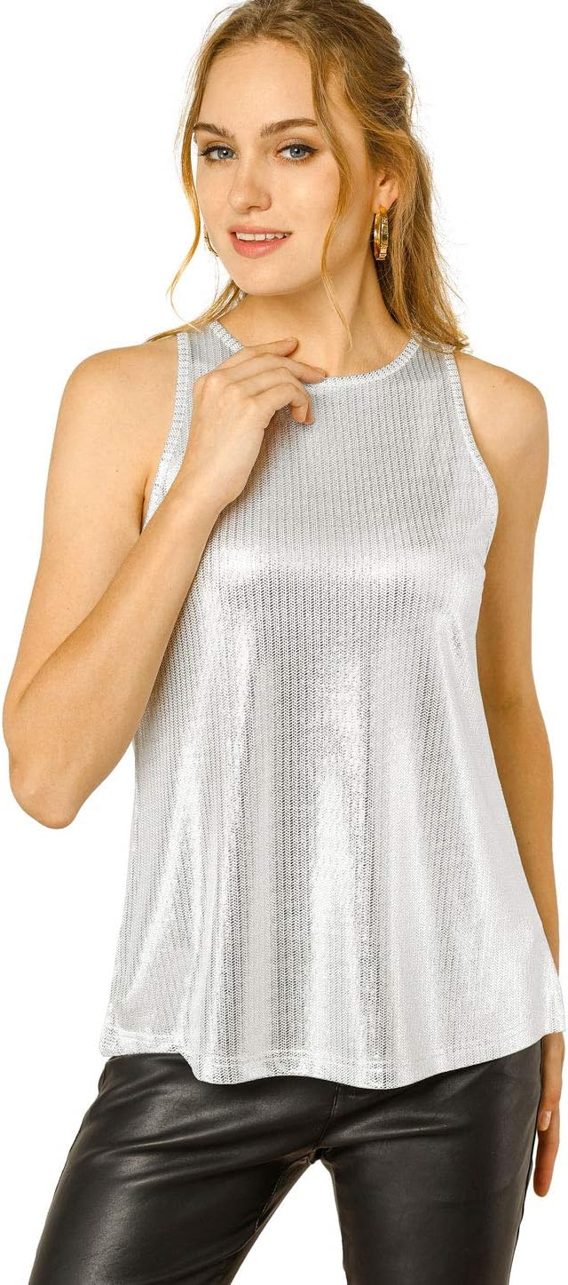 Women's Metallic Tank Tops Shiny Sleeveless Party Disco Shirt
