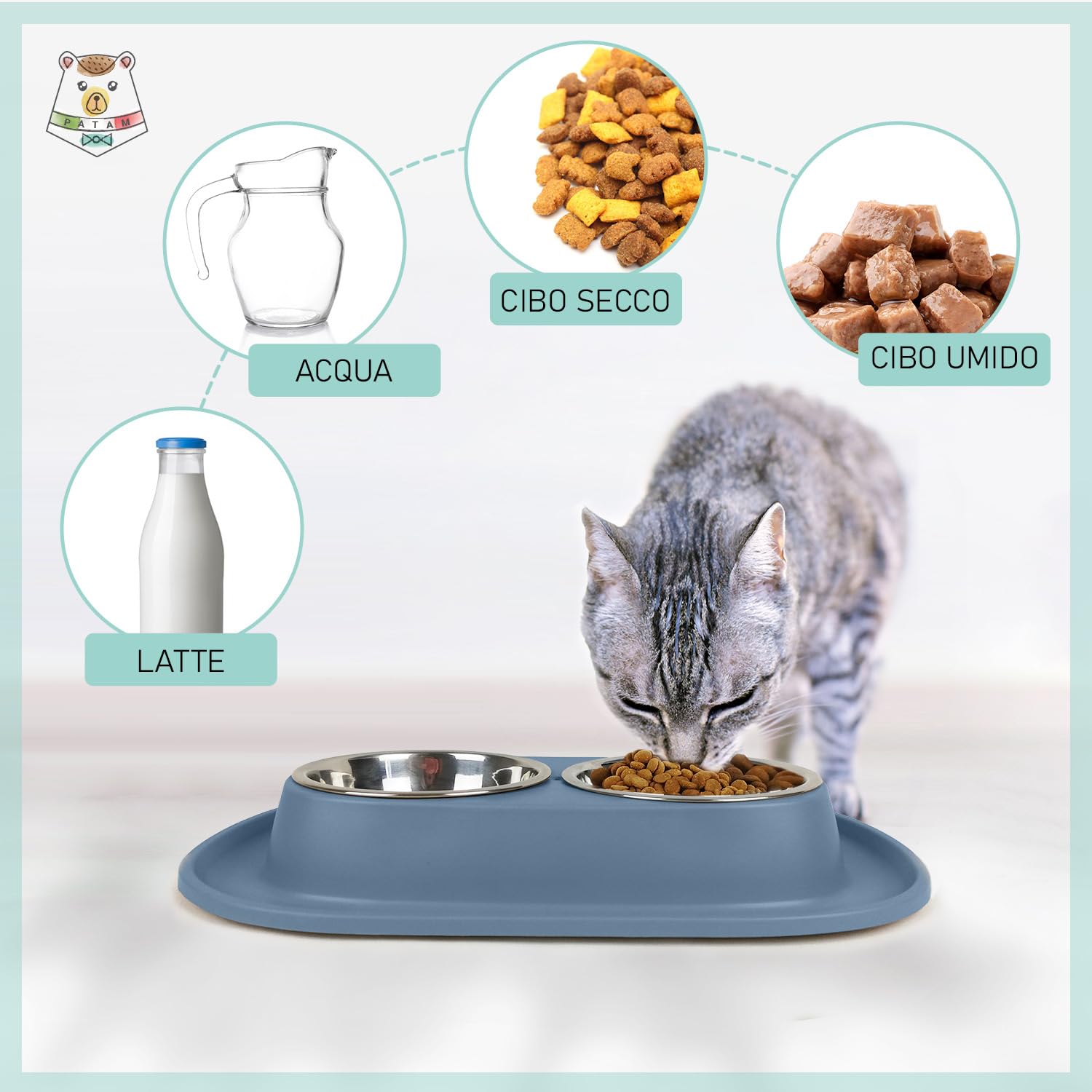 PATAM ciotola doppia per gatti in acciaio inossidabile con tappetino morbido antiscivolo, antiribaltamento Made in Italy - Jerry Blu