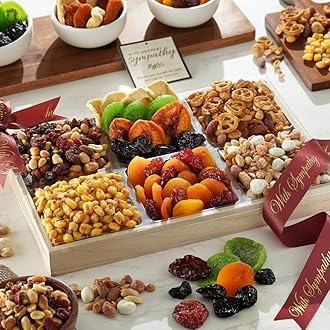 Broadway Basketeers Sympathy Dried Fruit and Nuts Gift Basket – Premium Kosher Condolence Nuts and Dried Fruit Tray for Families & Loved Ones – Bereavement Gifts Basket for Funerals, Memorials & Shiva