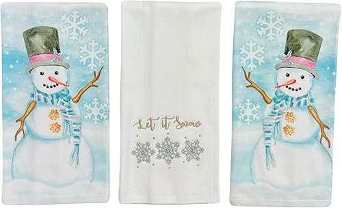 Vista 90 de Serafina Home Toallas de cocina navideñas navideñas: dos muñecos de nieve Be Jolly espiga y un muñeco de nieve bailarín, 3 piezas, tejido plano 100%
