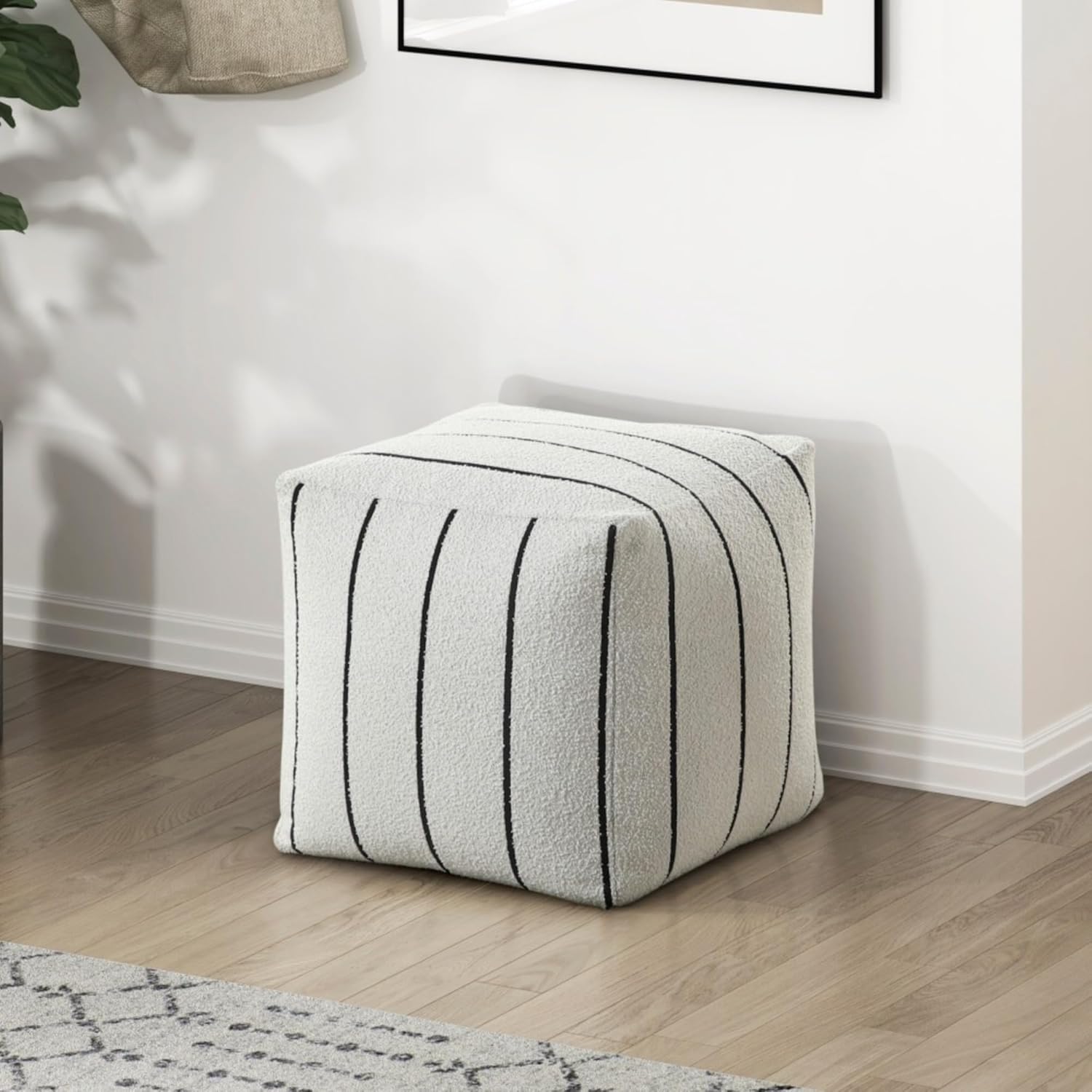 Square Plush Corduroy Pouf Modern Ottoman Footstool Non-Slip Bean Bag Chair with Polystyrene Bead Filling Zipper Closure Fully Assembled 300lbs Weight Capacity (Black White A)