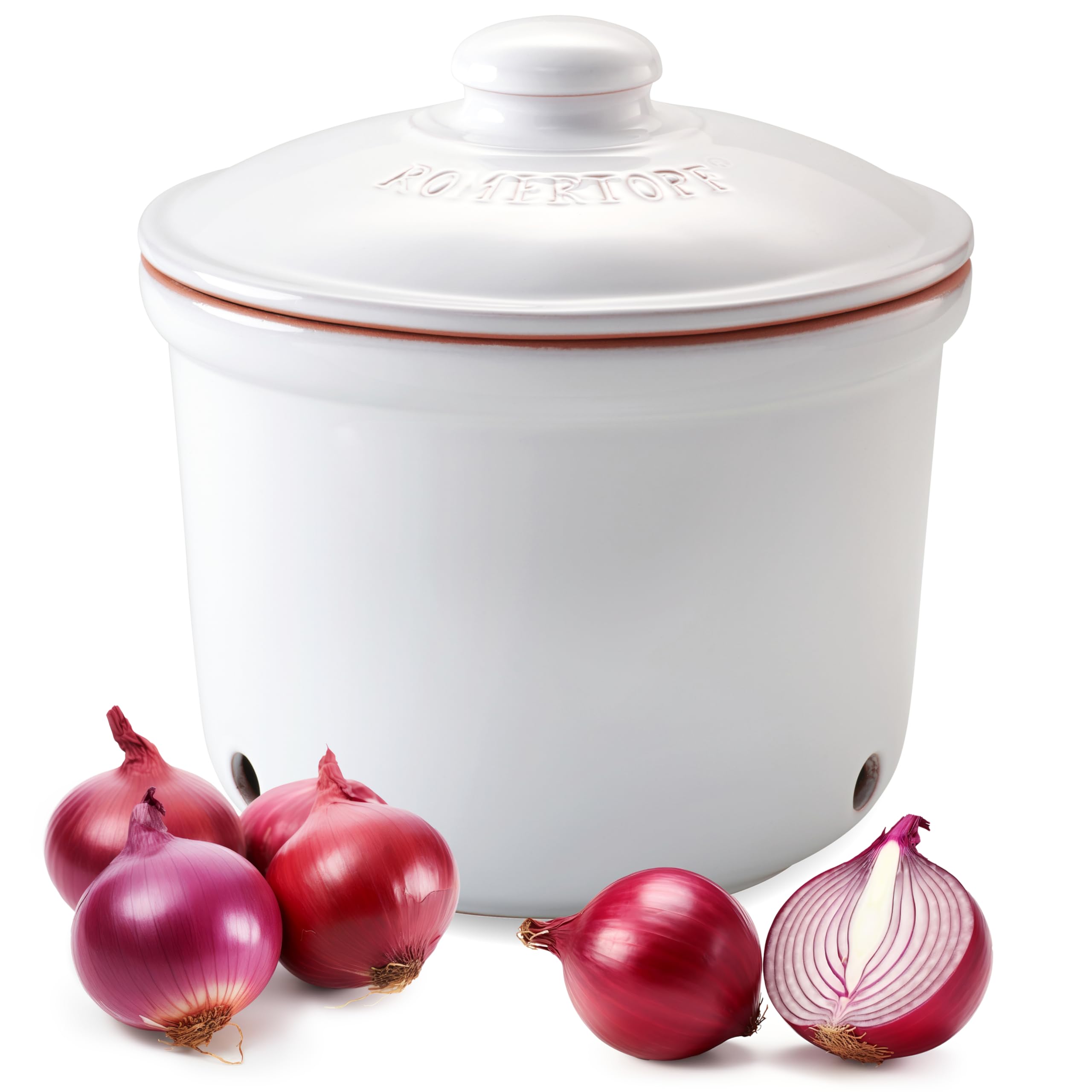 Römertopf Zwiebeltopf MAXI aus Naturton, weiß, Ø 20 cm, belüfteter Keramik-Vorratstopf mit 3 Lüftungslöchern, spülmaschinengeeignet, feuchtigkeitsregulierend, zur Aufbewahrung von Zwiebeln & Gemüse | 20,0cm weiß