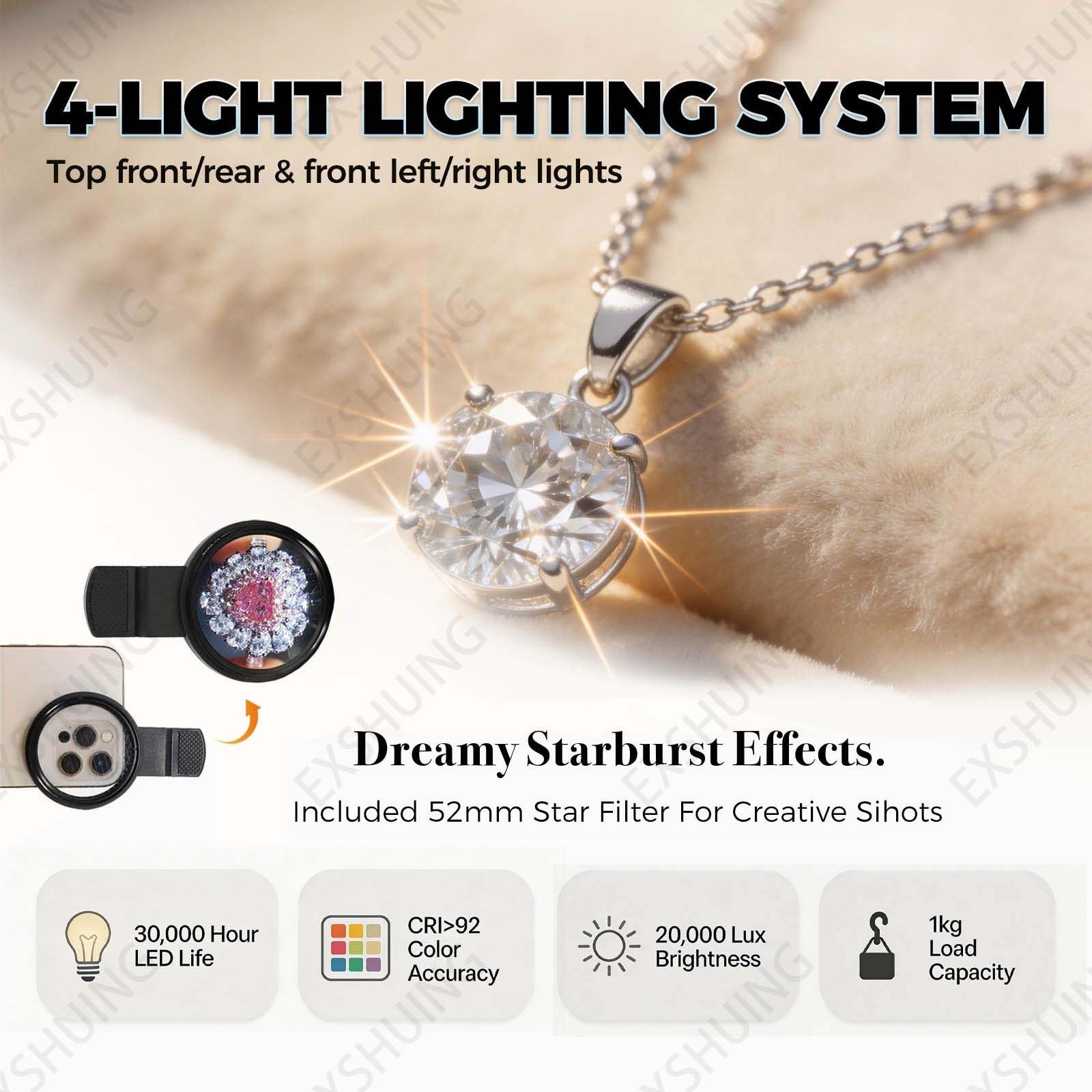 Lampa Świetlna Do Biżuterii, Mini Studio Fotograficzne Do Biżuterii – Regulowany Elektryczny Stół Obrotowy I Magnetyczny Stojak Wiszący, 3000-5500 K, 22000 Luksów, Pierścionków(TB20)