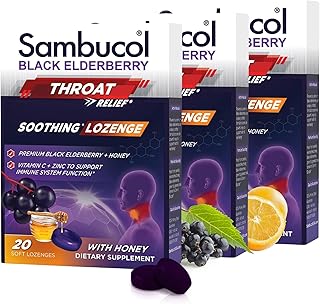 Black Elderberry Throat Lozenge - With Honey, Vitamin C & Zinc, Elderberry Lozenges Sore Throat & Cough, Soothes Scratchy Throat, Supports Immunity, Soft & Chewy - 3-Pack (60 Total Pastilles)