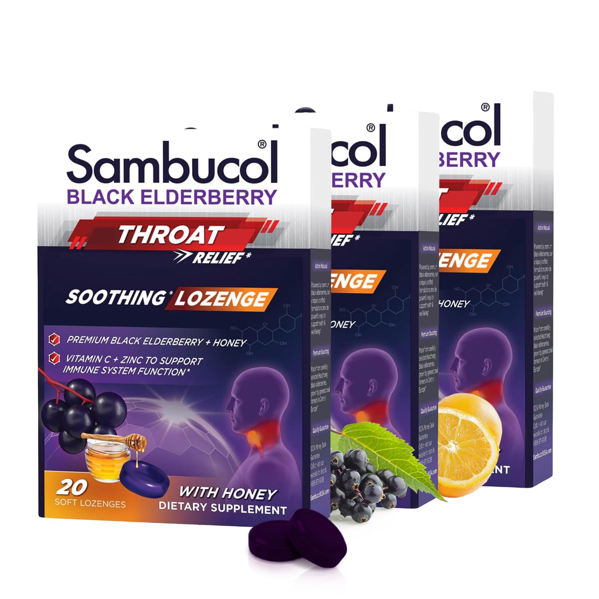 Black Elderberry Throat Lozenge - With Honey, Vitamin C & Zinc, Elderberry Lozenges Sore Throat & Cough, Soothes Scratchy Throat, Supports Immunity, Soft & Chewy - 3-Pack (60 Total Pastilles)