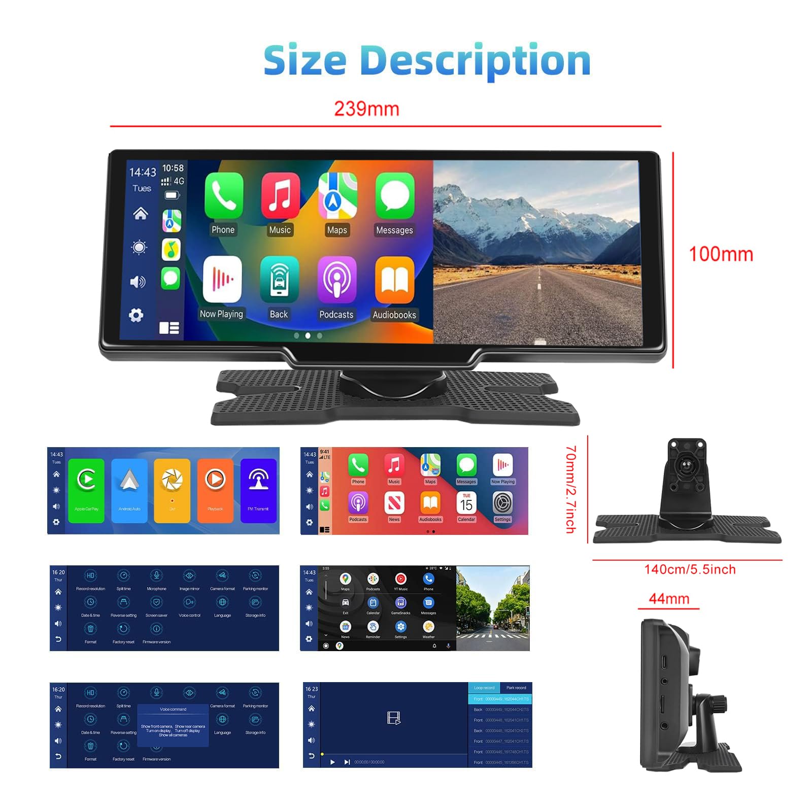 Podofo 9,3 Pouces Autoradio Portable 2,5 K Double Caméra de Tableau de Bord avec écran Automatique sans Fil A-pple Carplay Android,7-32V avec Vocal Assistant/Bluetooth/FM Transmetteur/Aux/64G TF Carte