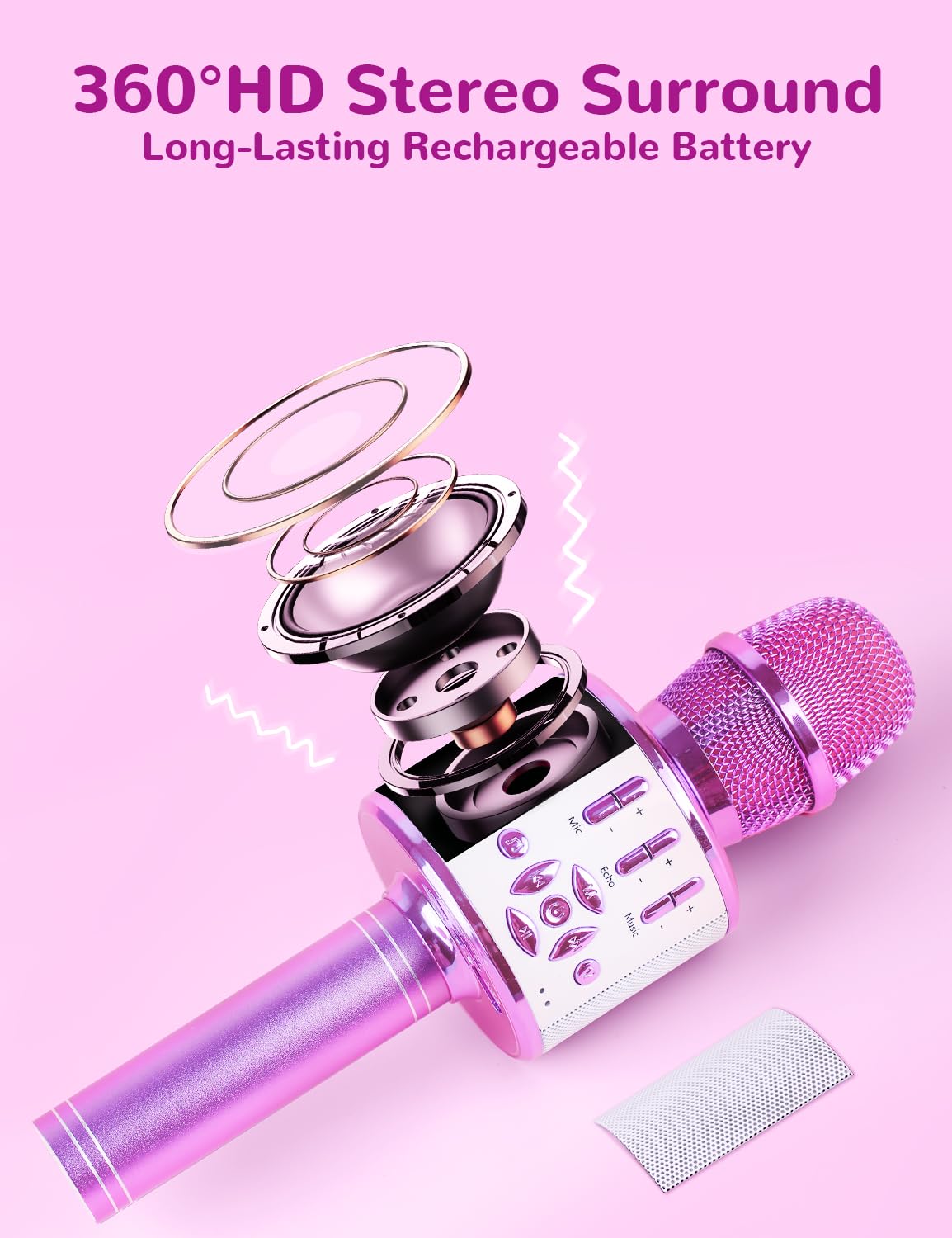 BONAOK Microfono Bluetooth Karaoke Bambini, Portatile Microfono Che Cambia la Voce con Altoparlante, Microfono Karaoke Bluetooth Wireless per la Festa in Casa(Light Viola) - 3