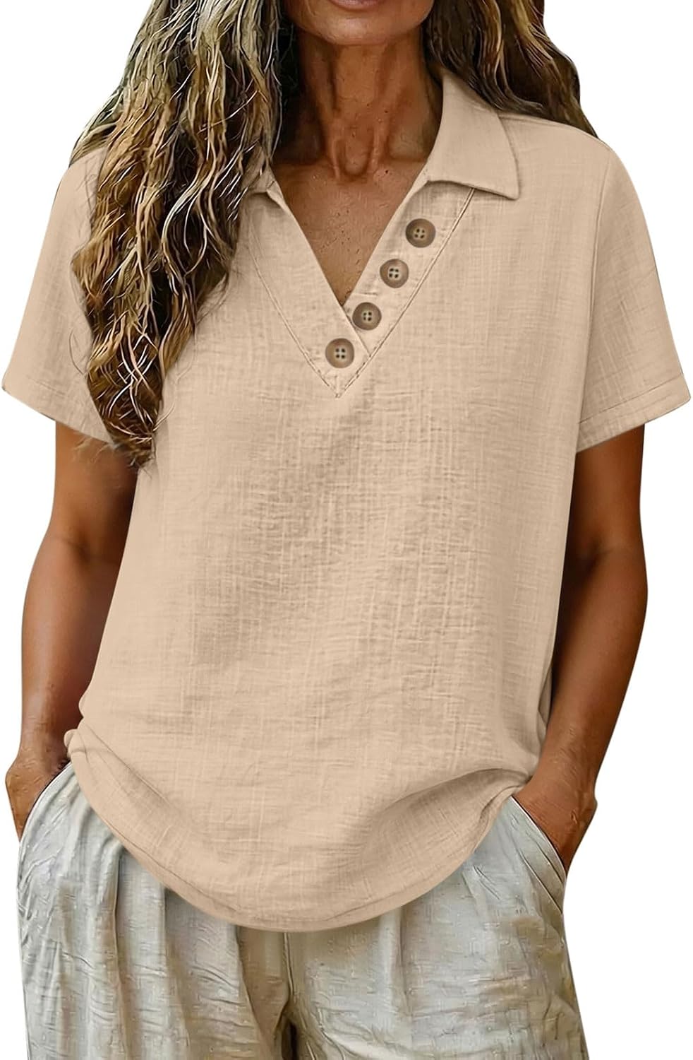 Henley Shirts for Women Lapel V Neck Short Sleeve Cotton Linen Tops Casual Blouse for Daily Wear & Casual Weekend
