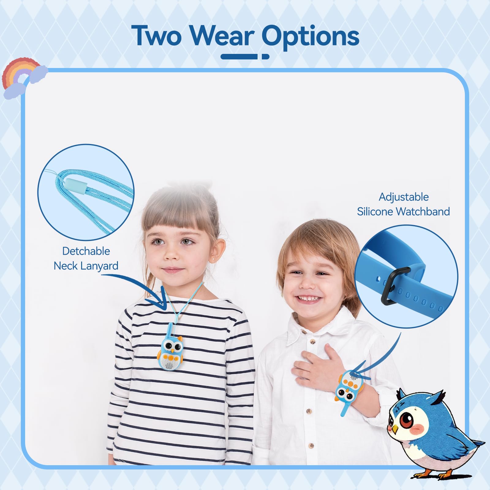 Retevis RT30W Walkie Talkie Bambini, Giochi Bambini Ricaricabili con Occhi LED, Indossabile Walkie Talkie Giocattoli Bambina, Regalo Bambino 4-8 Anni Regali Gioco per Famiglie da Esterno (1 Coppia)