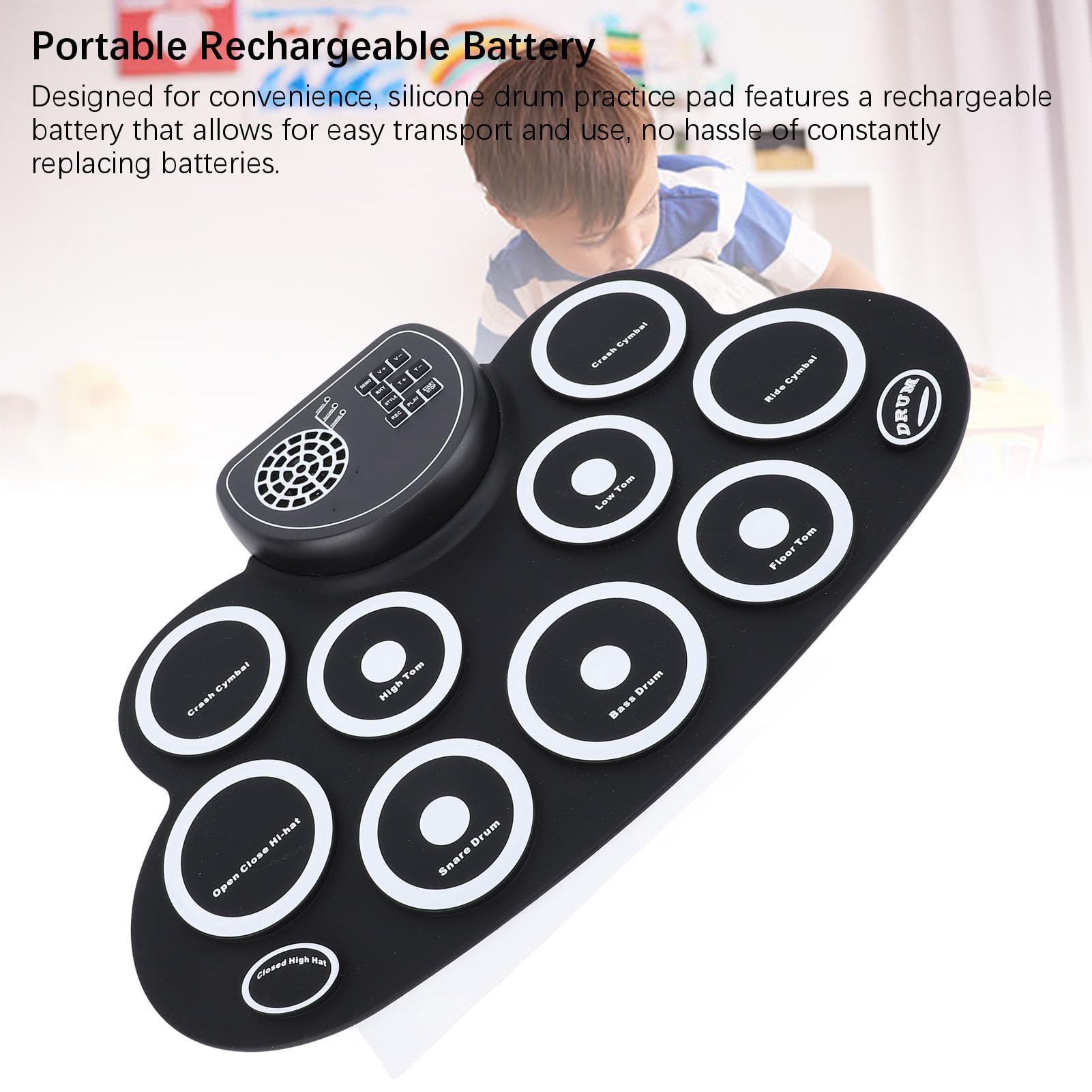 Set de pads electrónicos para batería enrollables, kit de batería eléctrica inalámbrica recargable con altavoz integrado y doble pedal, tambor de práctica de silicona para